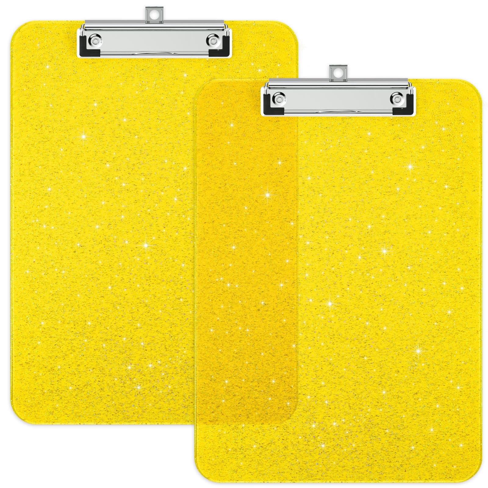Zoenley A4 Plastic Glitter Clipboard Set of 2, Sparkly Yellow 12.5 x 9 Letter Size for Classroom, Students, Teacher, Nurse, 8.5 x 11 Clip Board with Low Profile Clip, Office & School Supplies