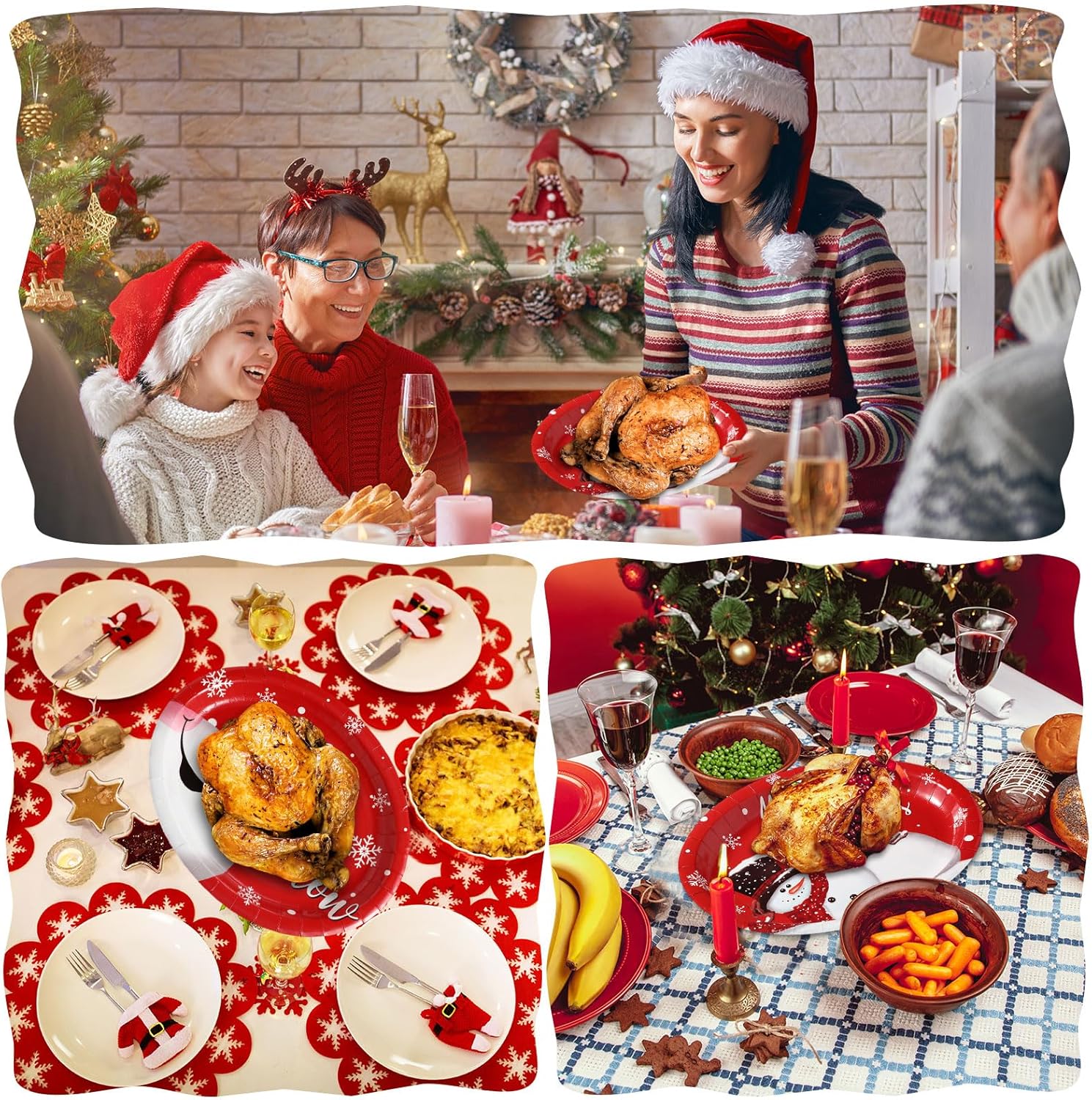 CroBlissful 100 Pcs Christmas Oval Paper Plates 10 x 12 Inch Large Disposable Platter Xmas Dinner Serving Set Snowman Snowflake Paper Plate Tray Tableware for Xmas Winter Holiday Party Supplies