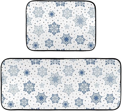 Miniatura 1 de Exnundod Juego de 2 tapetes de piso de cocina con copos de nieve azules de Navidad, tapete de pie de invierno, lavable, duradero, protector de suelo