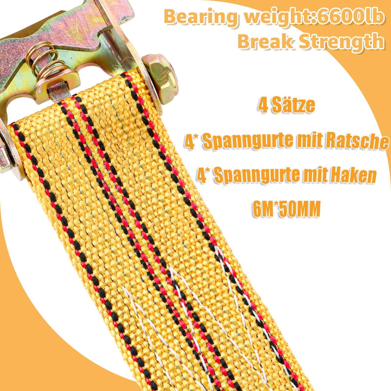 SENENQU 4 Pezzi Cinghie a Cricchetto 6 m X 50 mm, Cinghie di Fissaggio Gialle in Polipropilene con Ganci a J, Nastro di Serraggio 2 Tonnellate per Auto Moto