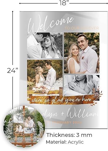 Miniatura 5 de Letrero de bienvenida de boda personalizado de 24 x 18 pulgadas con foto y texto, letrero de recepción personalizado en acrílico, tablero de espuma