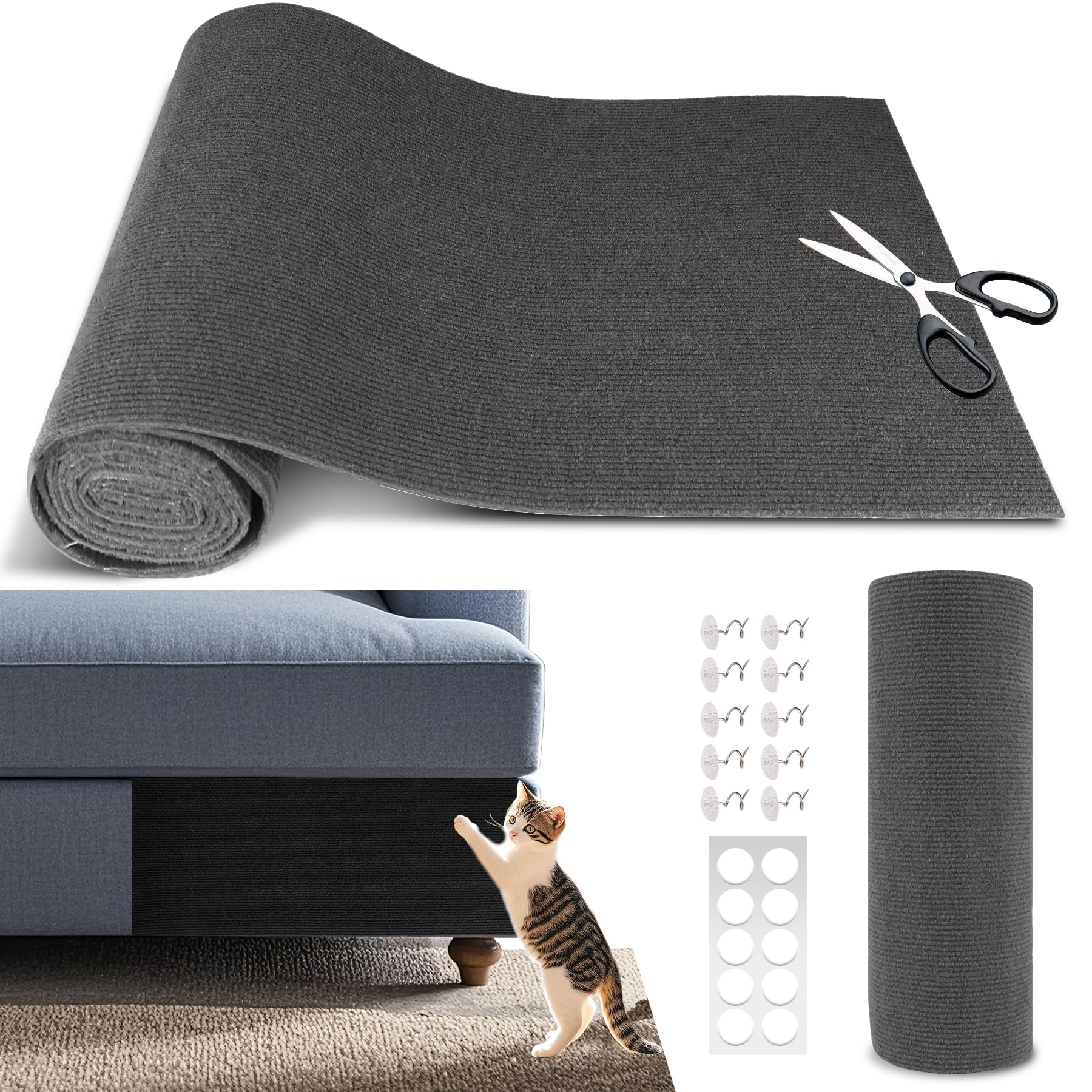 Cat Scratch Furniture Protector, 39.4"x15.8" Self Adhesive Cat Scratch Mat Pad,Cut to Fit DIY Replacement Carpet for Tree,Wall,Bed,Door, Couch Protector (Dark Grey)