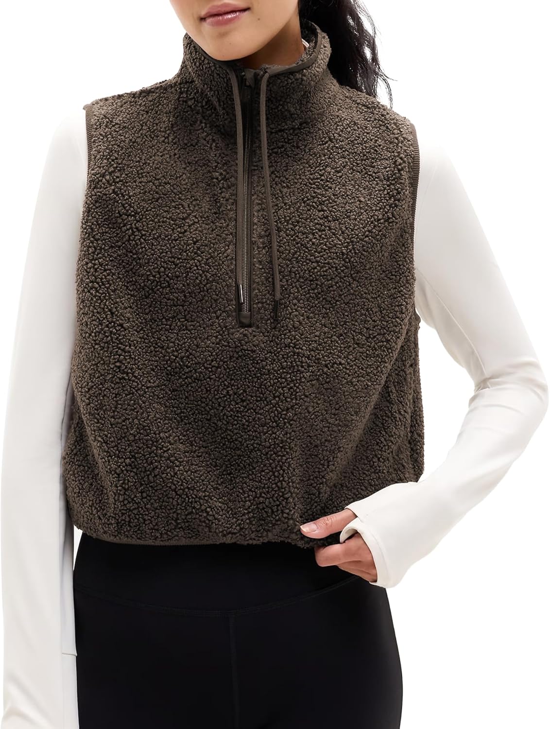 Songling Womens Fuzzy Fleece Vest High Neck Cropped Half Zip Up Warm Sherpa Vest Drawstring Pullover with Pockets