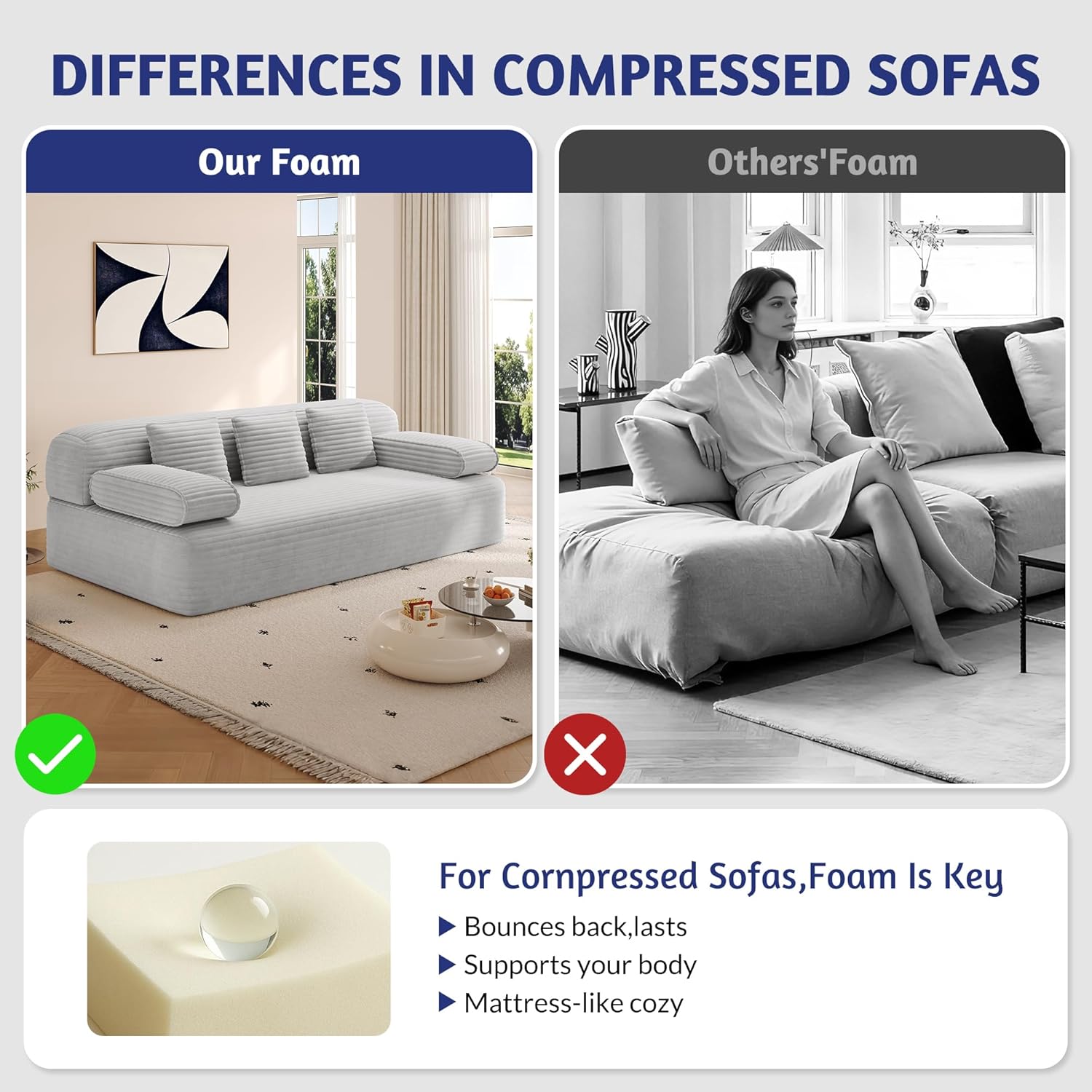 78.7'' Boneless Couches Queen, Corduroy Futon Sofa Bed, Modern Floor Couch, Cloud Convertible Sleeper Sofa Daybed, Comfy Loveseat, 3 Pillows, for Small Spaces, Living Room, Apartment, Gray