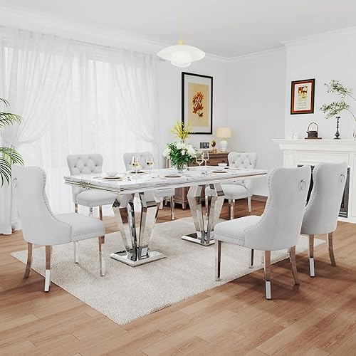 Miniatura 35 de Juego de comedor de lujo de 7 piezas, mesa de comedor moderna y sillas tapizadas, juego de mesa de cocina de mármol para 6, juego de mesas de