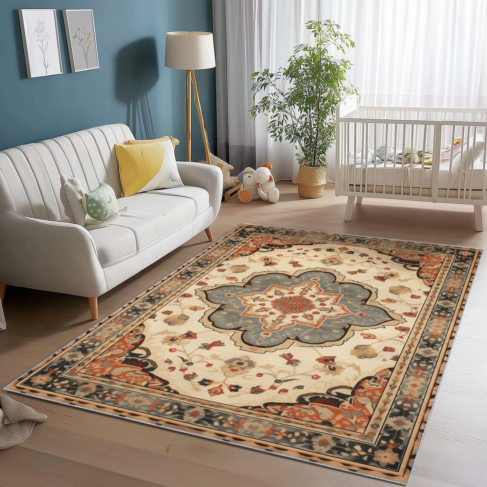 Niedriger Stapel Teppich Antirutschunterlage 120 x 180 cm, Vintage Glamourös Floral Symmetrisch Geometrisch Teppich Wohnzimmer, Mehrfarbig Teppiche Waschbar für Küche, Flur, Schlafzimmer, Spielzimmer