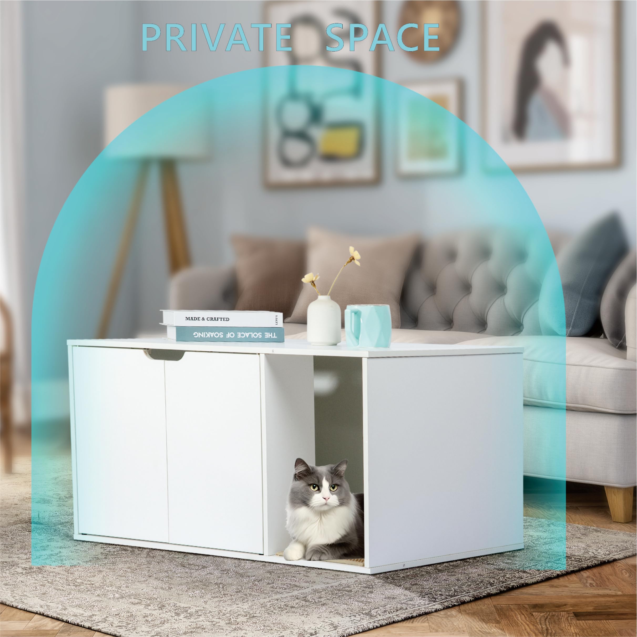 White Cat Litter Box Cabinet - Hidden Litter Box Enclosure with Odor-Proof Ventilation, Multi-Functional Side Table for Living Room, Modern Furniture for Small Spaces - image 5