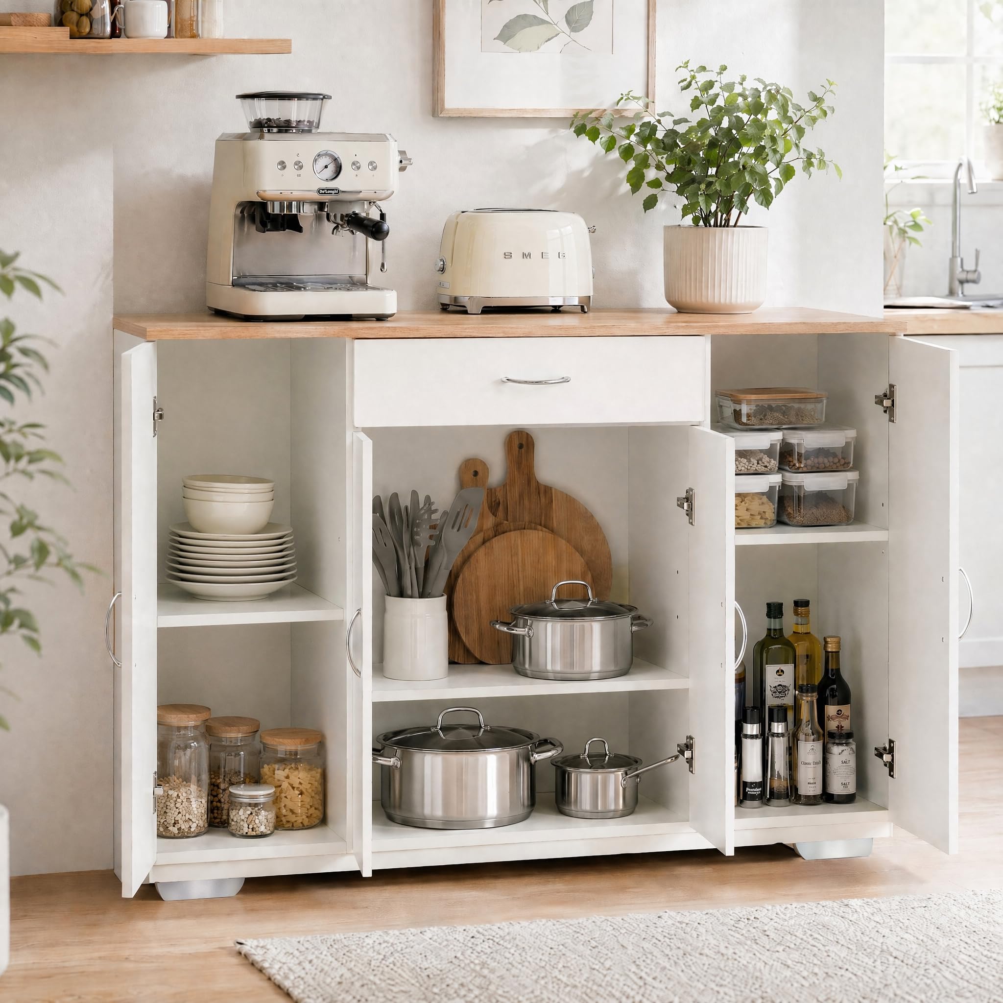 Buffet de Cuisine 110x30cm, Meuble de Rangement avec 4 Portes, 1 Tiroir, Étagères Réglables, Crédence Blanche avec Plateau en Chêne, pour Cuisine/Salle à Manger, 74cm de Haut