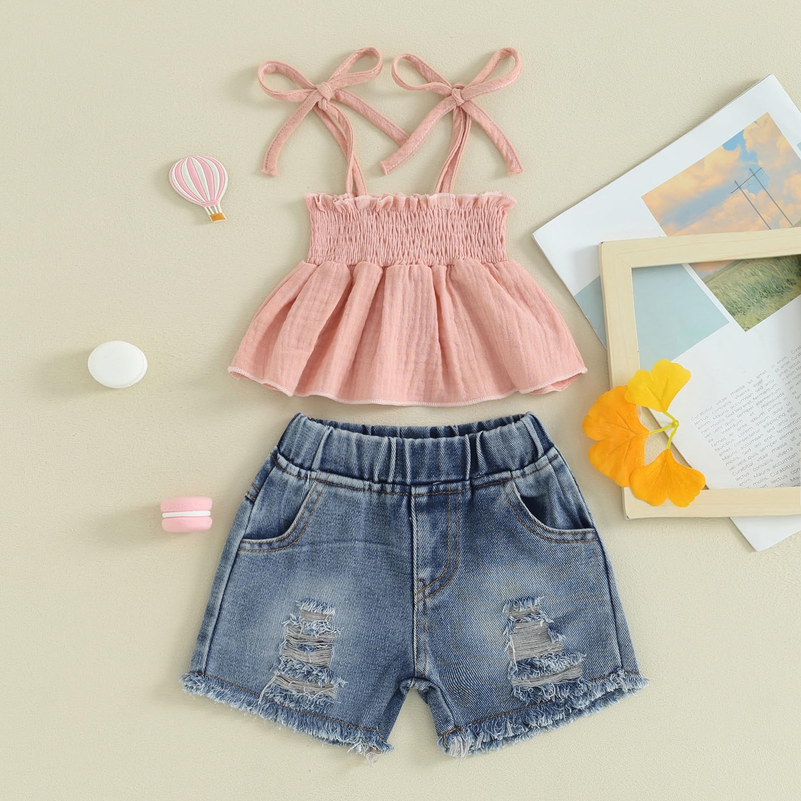 Kids Toddler Girl Clothes 18 24 Month 2T 3T 4T 5T Jeans Girls Shorts Set Smocked Ruffle Cami Top Ripped Denim Shorts (Pink, 2-3 Years)