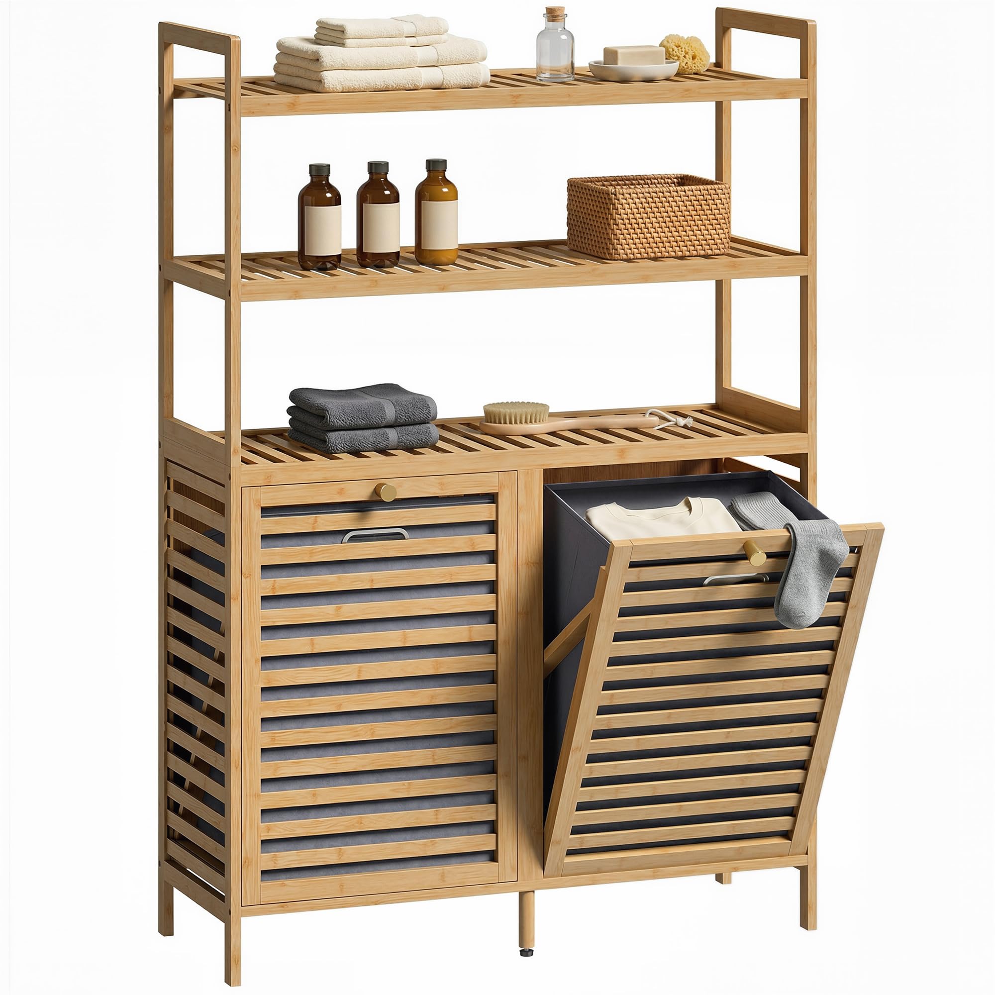 HOMCOM Mueble Ropa Sucia de Bambú, 2 en 1, Mueble de Baño con 2 Cestos para Ropa Sucia Inclinables 38,7 L y 3 Estantes, para Cocina, Salón, 80x30x118 cm, Roble