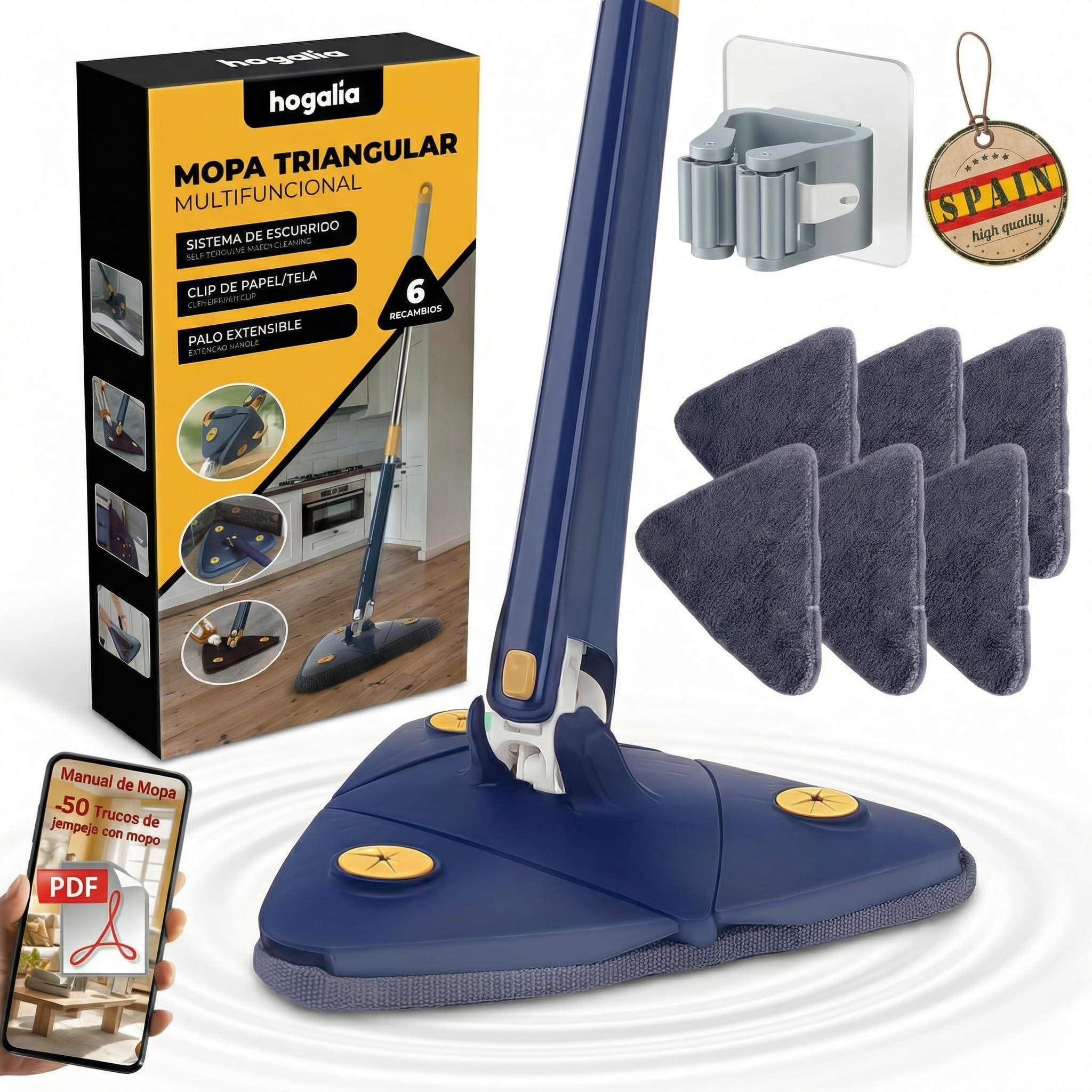 Mopa Triangular Giratoria 360 Autoescurrible de Microfibra, Mopa para Limpiar Azulejos y Paredes, Colgador, 6 Recambios, Manual y Trucos. Fregona Autoescurrible, Suelos, Techos y Ventanas