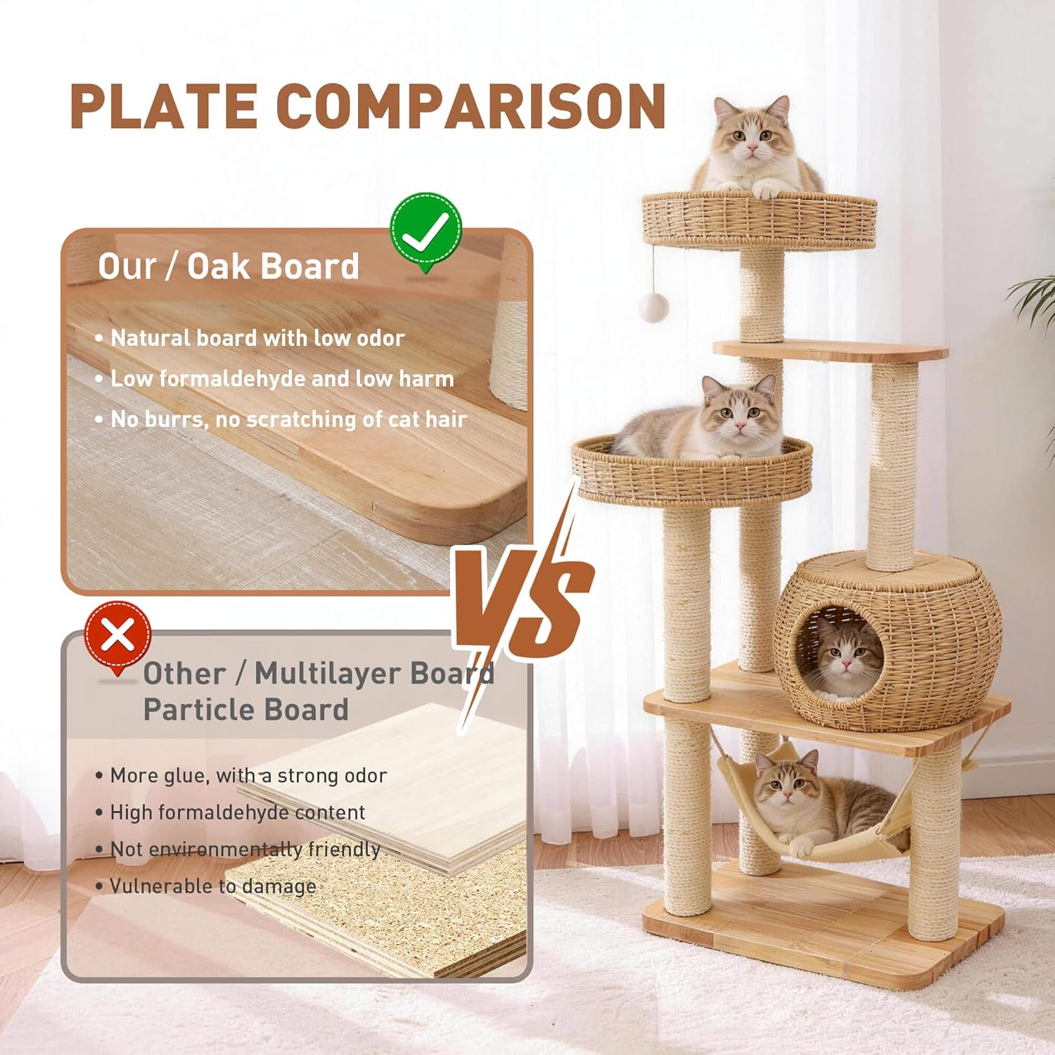 55" Wood Cat Tree for Indoor Cats Large Adult,Tall Cat Tower with Scratching Post and Cozy Hammock for Large Cat,Multi-Level Modern Cat Condo with Hand-Woven,Easy to Assemble and Clean