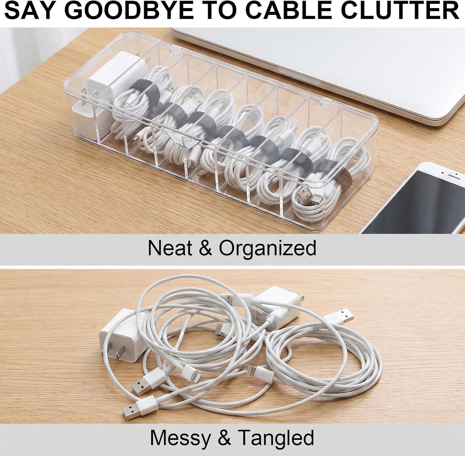 4-Pack Clear Cable Organizer Box with Lid, Desk Drawer Charger Storage with 40 Wire Ties, Cord Management Bin with Compartments