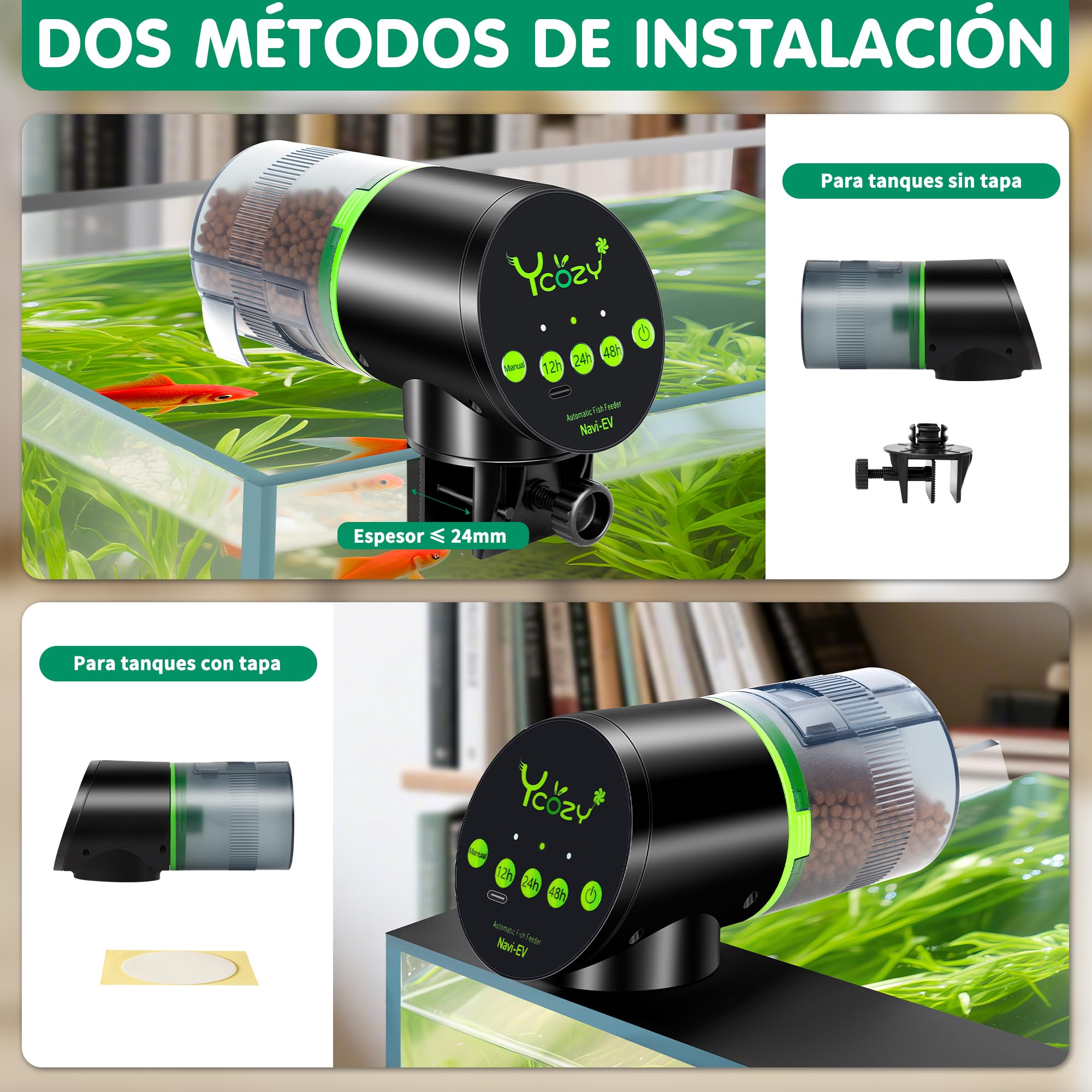 Ycozy Alimentador Automatico Acuario Recargable Dispensador Comida para Peces con Temporizador Alimentador Comedero Automatico Peces, Navi-EV