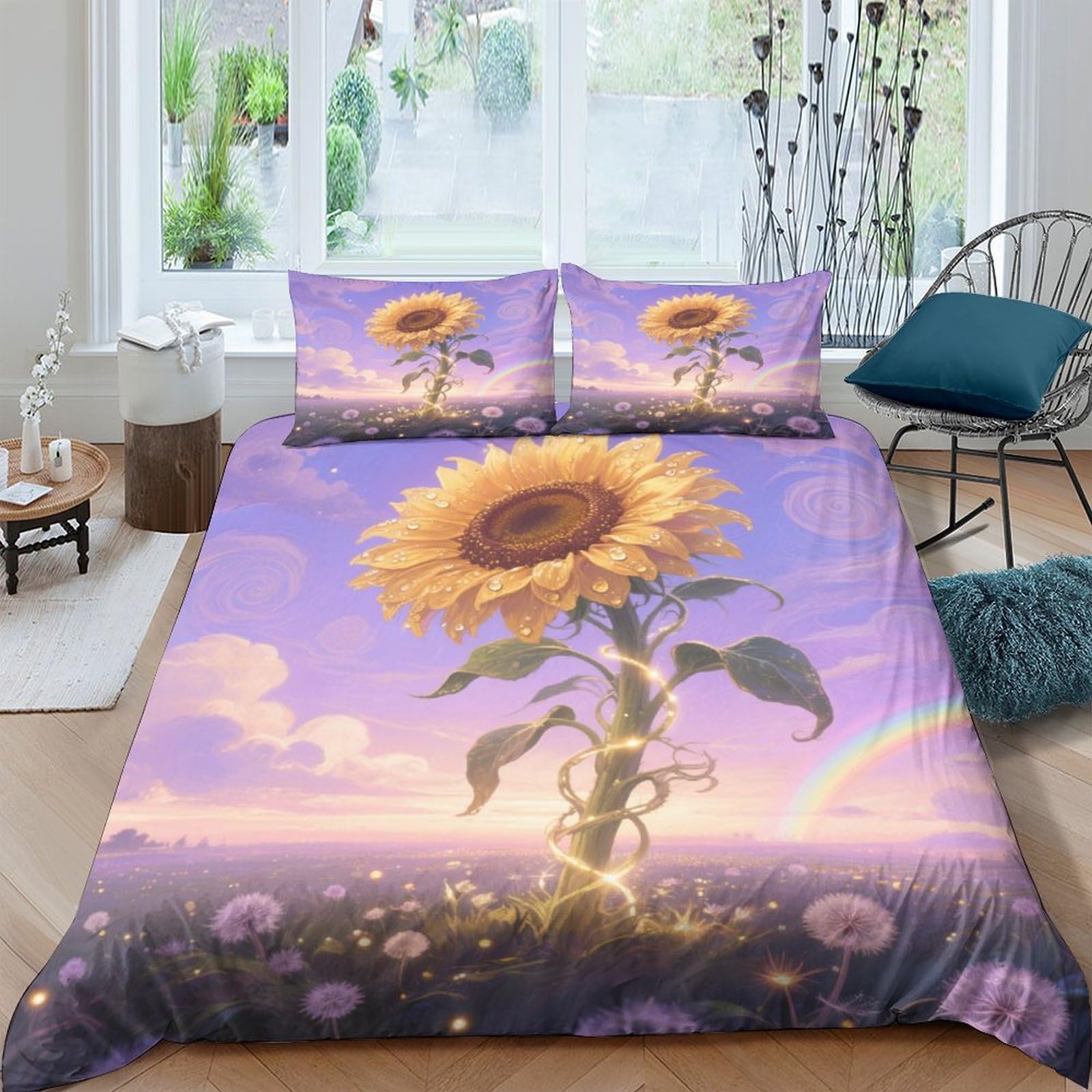 Parure de lit housse de couette tournesol 3D 220x240 microfibre douce avec fermeture éclair taie