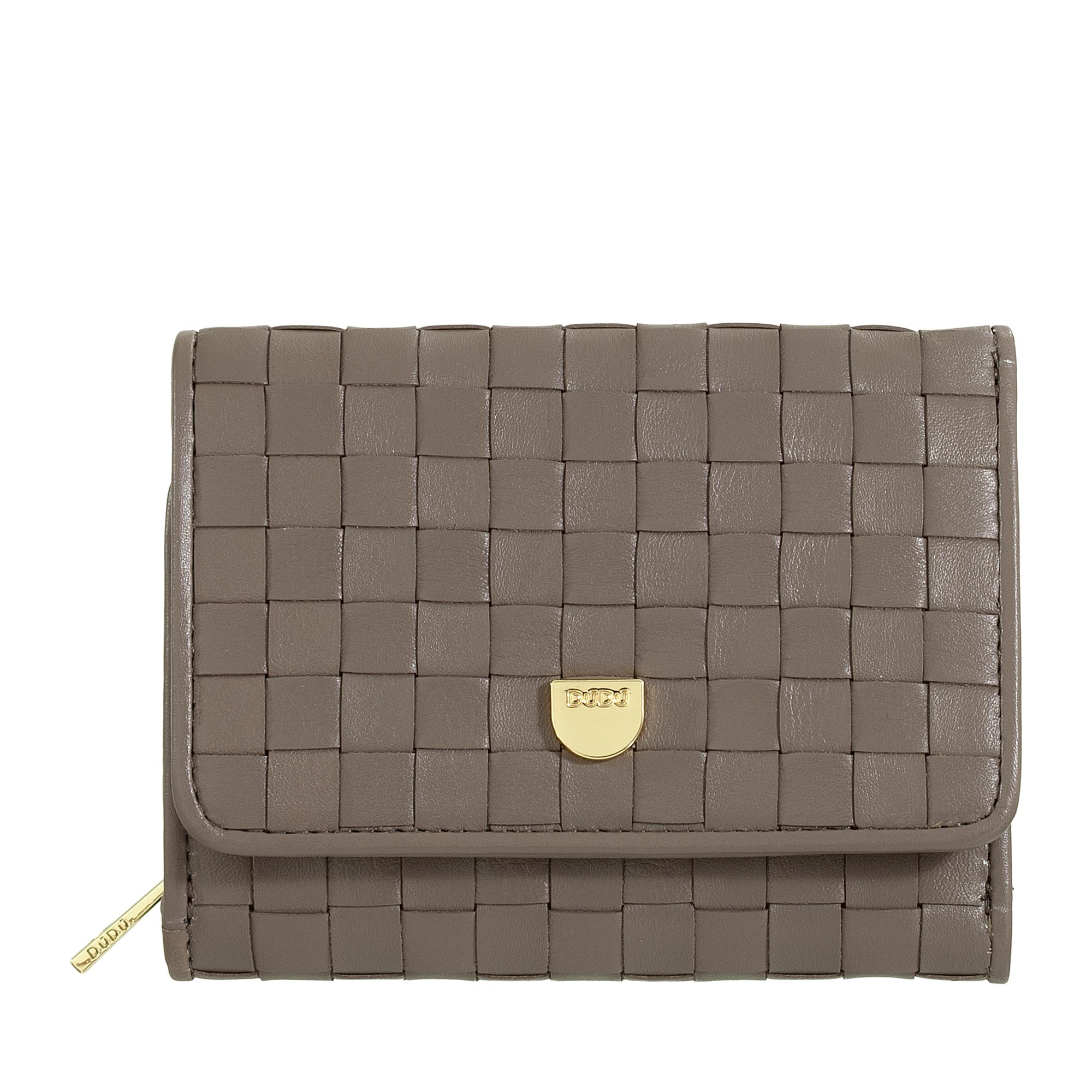 DuDu Portafoglio Donna in Pelle Intrecciata - Portafogli Compatto con Portamonete a Cerniera Zip, Porta Banconote Porta Carte Elegante (Taupe)
