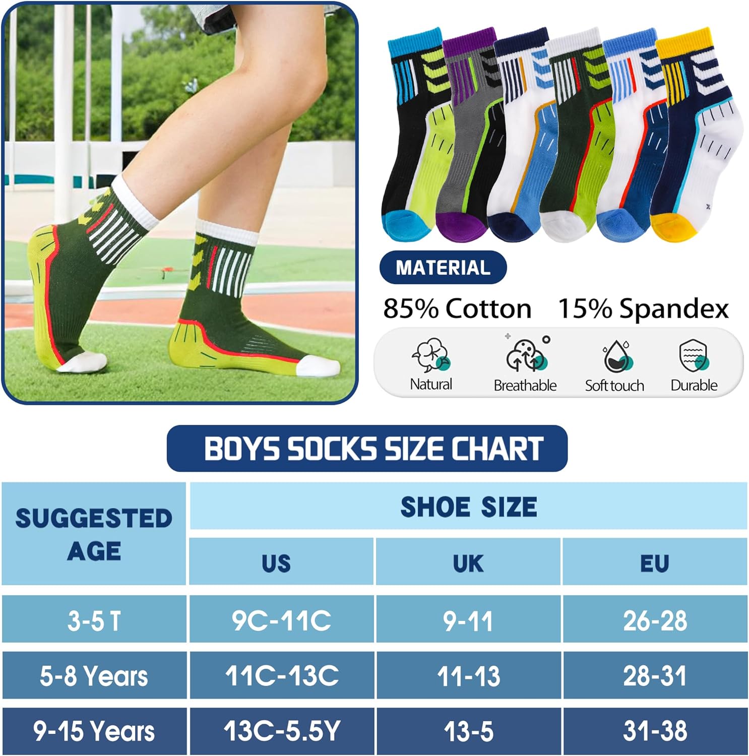 6 Pairs Kids Boys Girls Socks Athletic Basketball Youth Sport Crew Cotton Breathable Soft Socks - Image 6