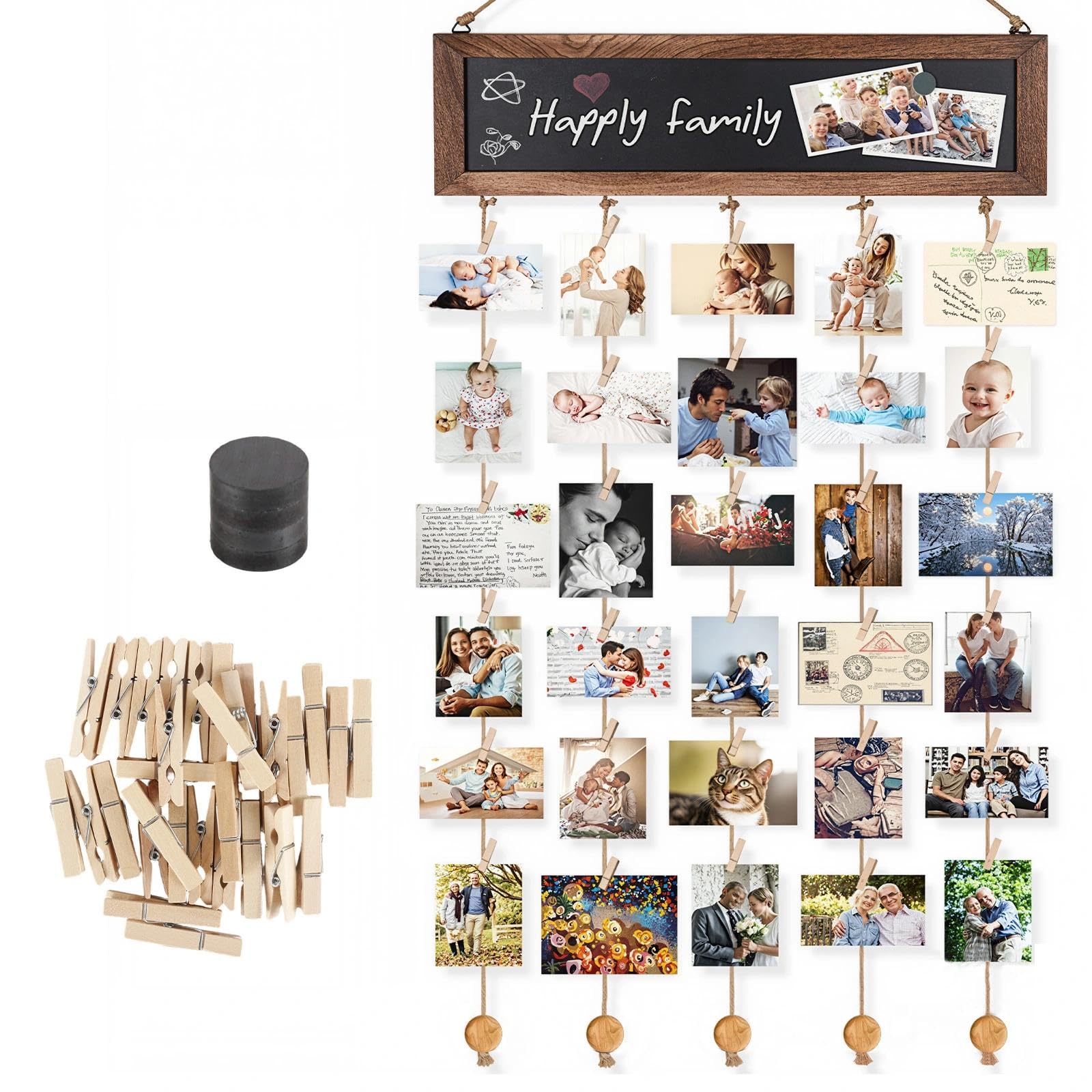 Zynaxir Wall Hanging Photo Display Board with 30 Wooden Clips Photo Pegs and String Collage Hanging Picture Frames Multiple Photo Holder Organizer DIY Home Decoration