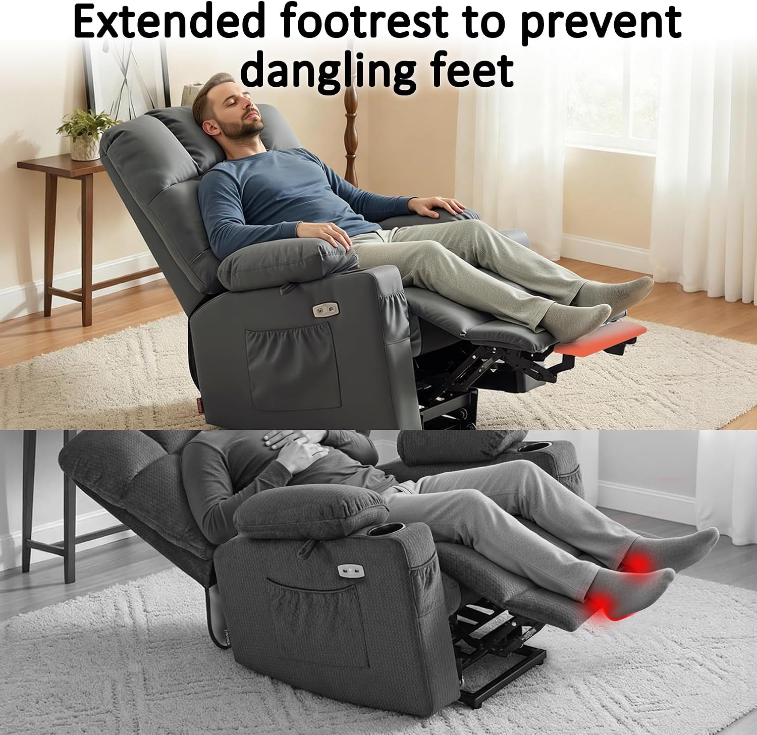 MCombo Dual Motor Power Lift Recliner Chair for Elderly, Massage and Heat, Lay Flat, Zero Gravity, Home Button, USB Port, Faux Leather 7680 (Dark Grey, Large)