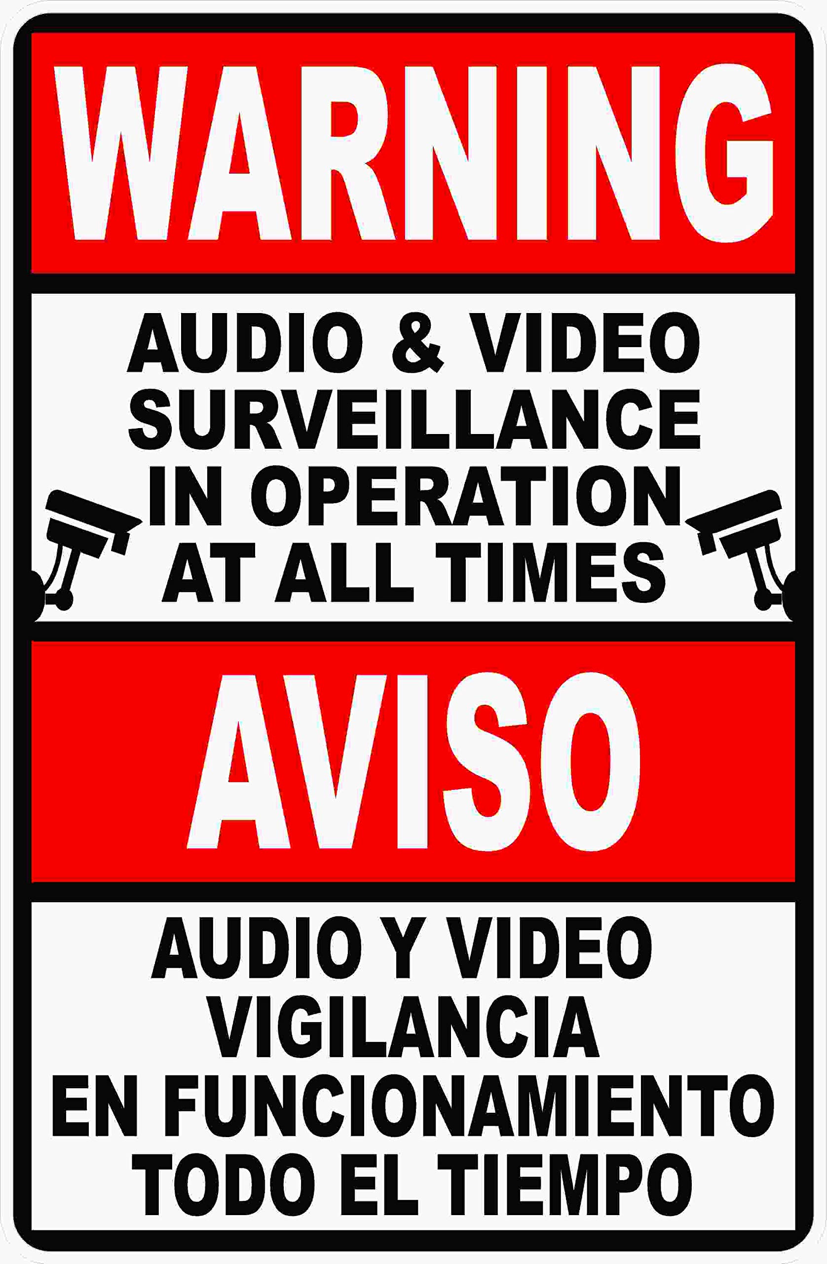 Bilingual Warning Audio & Video Surveillance in Use at All Times Decal. 4"x6" 5 Pack (5-Decals). English & Spanish