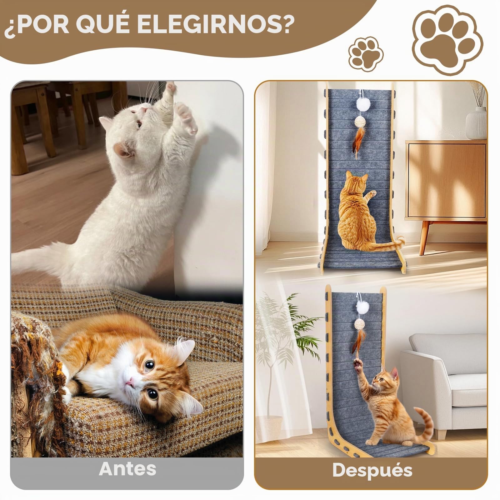 Rascador para Gatos, 60 cm en Forme de L Vertical Rascador Gato de Interior, Durable Fieltro Rascadores Gatos con Pelota de Juguete, Rascadores para Gato Madera Protector Sofa Muebles Arañazo