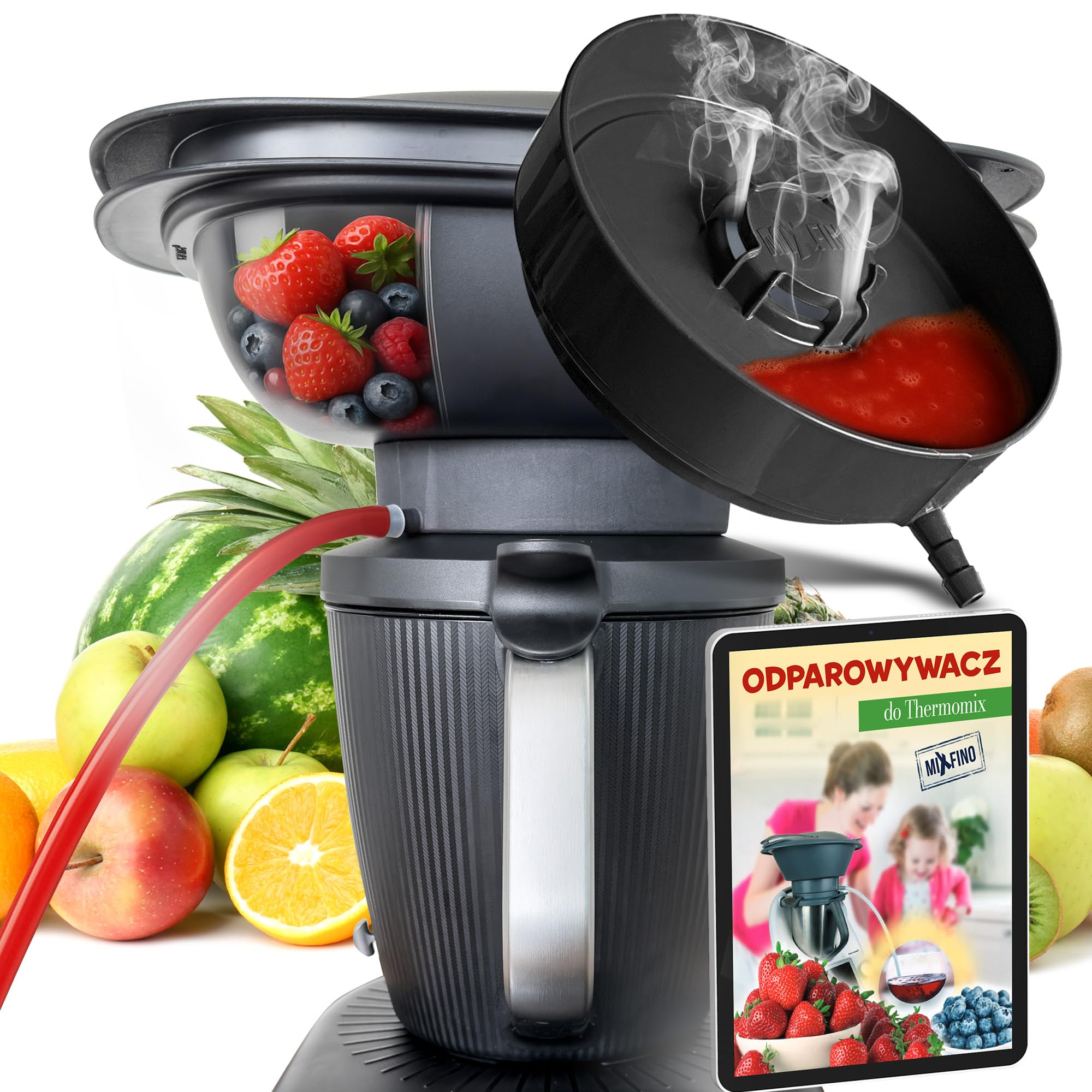 MixFino Sokownik Parowy do Thermomix TM7 – Sok z Owoców i Warzyw | Nasadka tylko do Thermomix TM7 · PP i silikon platynowy, do żywności · do 2 kg owoców na sok i galaretki · e-book przepisów