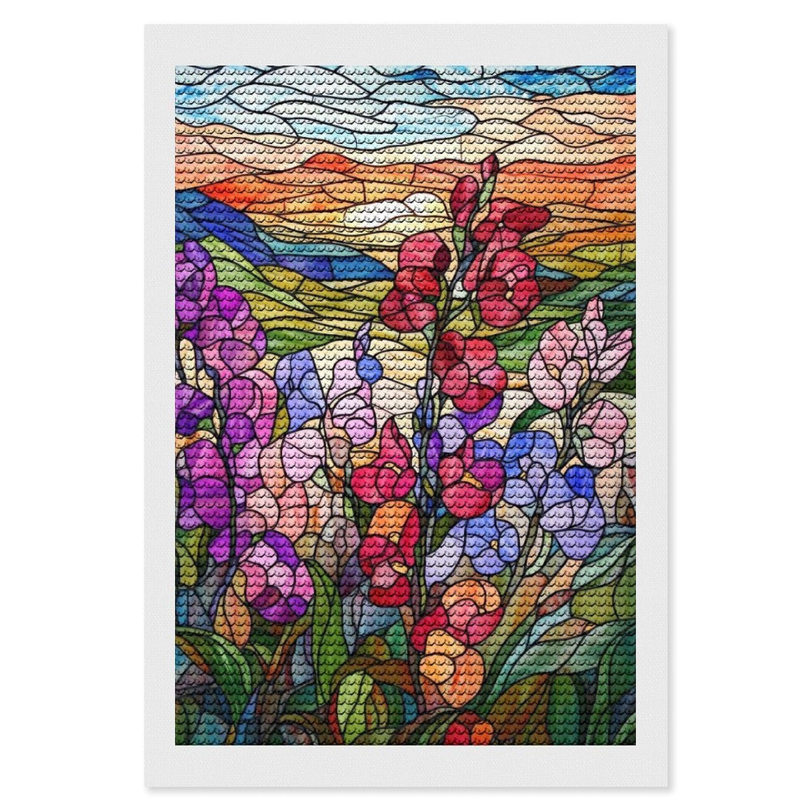 Junmoney Stained Glass Sunset Flowers DIY Diamond Art Canvas Kit 8"x12", Complete Accessories, Creative Leisure Activity, Home Wall Decor, Gift Idea