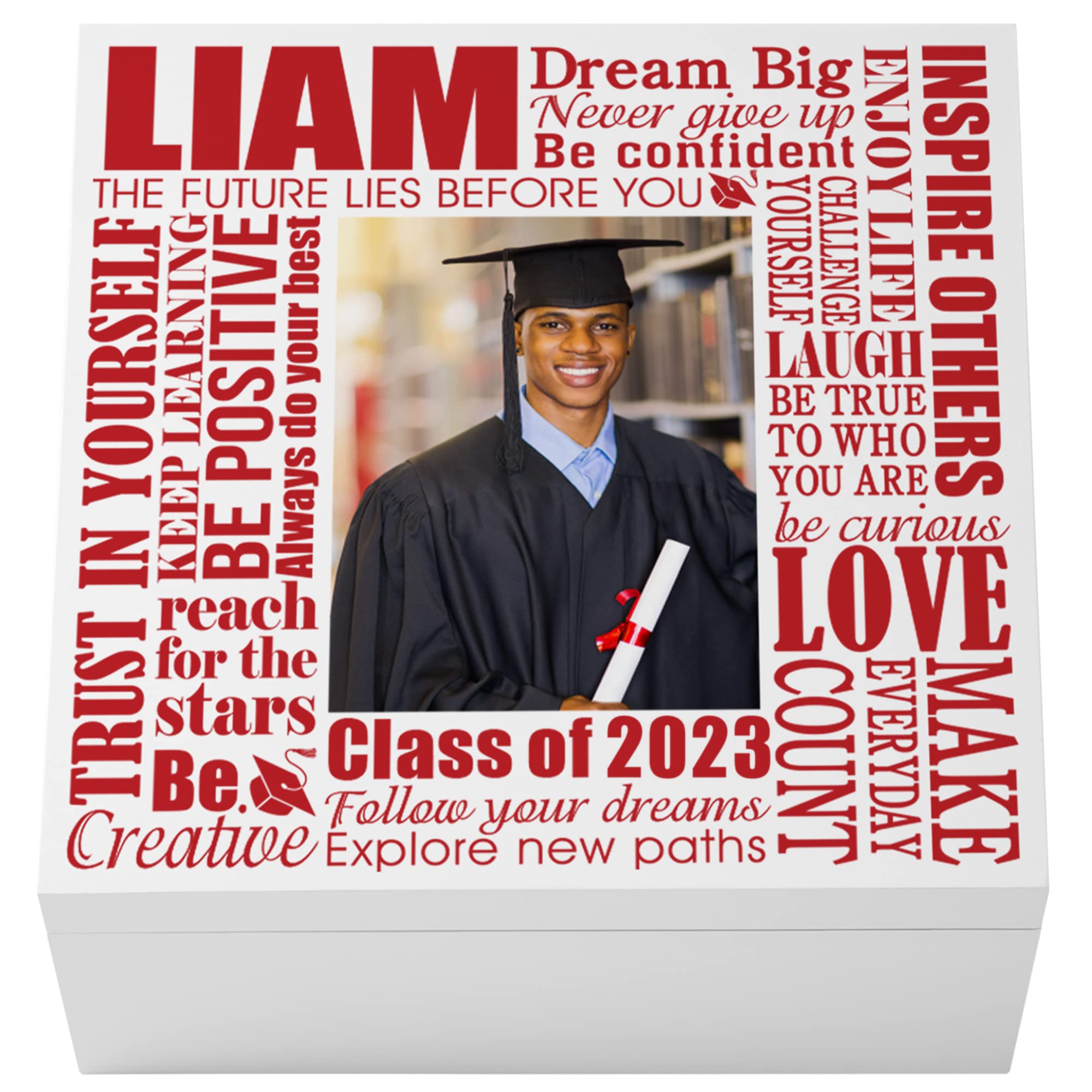 Let's Make MemoriesPersonalized Keepsake Box - For Graduation - Class of 2024 - Graduate Memento Box - Dream Big - Customized For Any Grad and School - 6" Hx12 Sq. - Red