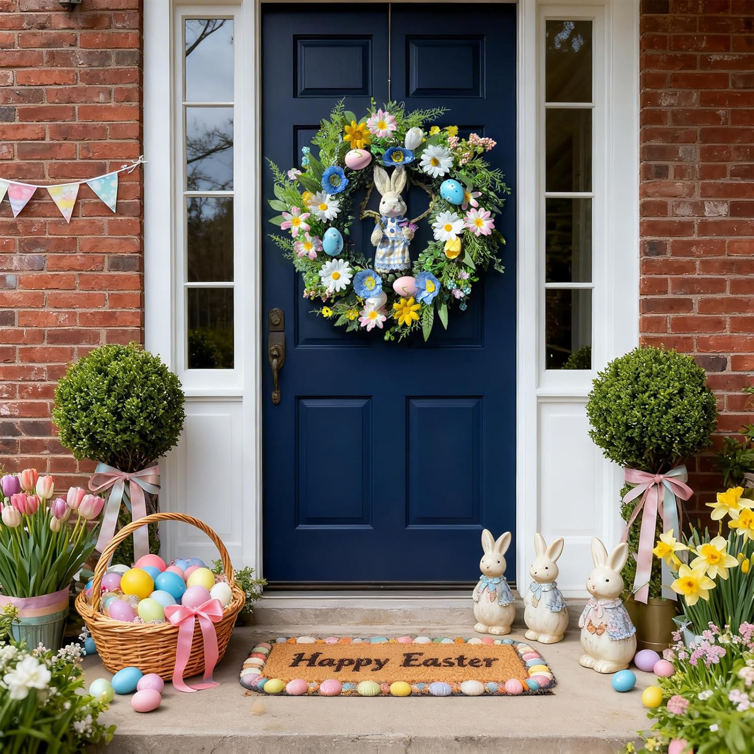 22" Spring Summer Easter Wreaths for Front Door with Straw Bunny, Colorful Flowers and Decorative Eggs Home Wall Porch Window Outdoor Cute Decoration