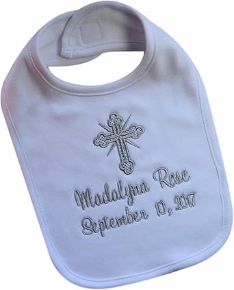 Funny Girl Designs Christening Bib for Babies Personalized and Embroidered Name and Baptism Date in Silver Thread