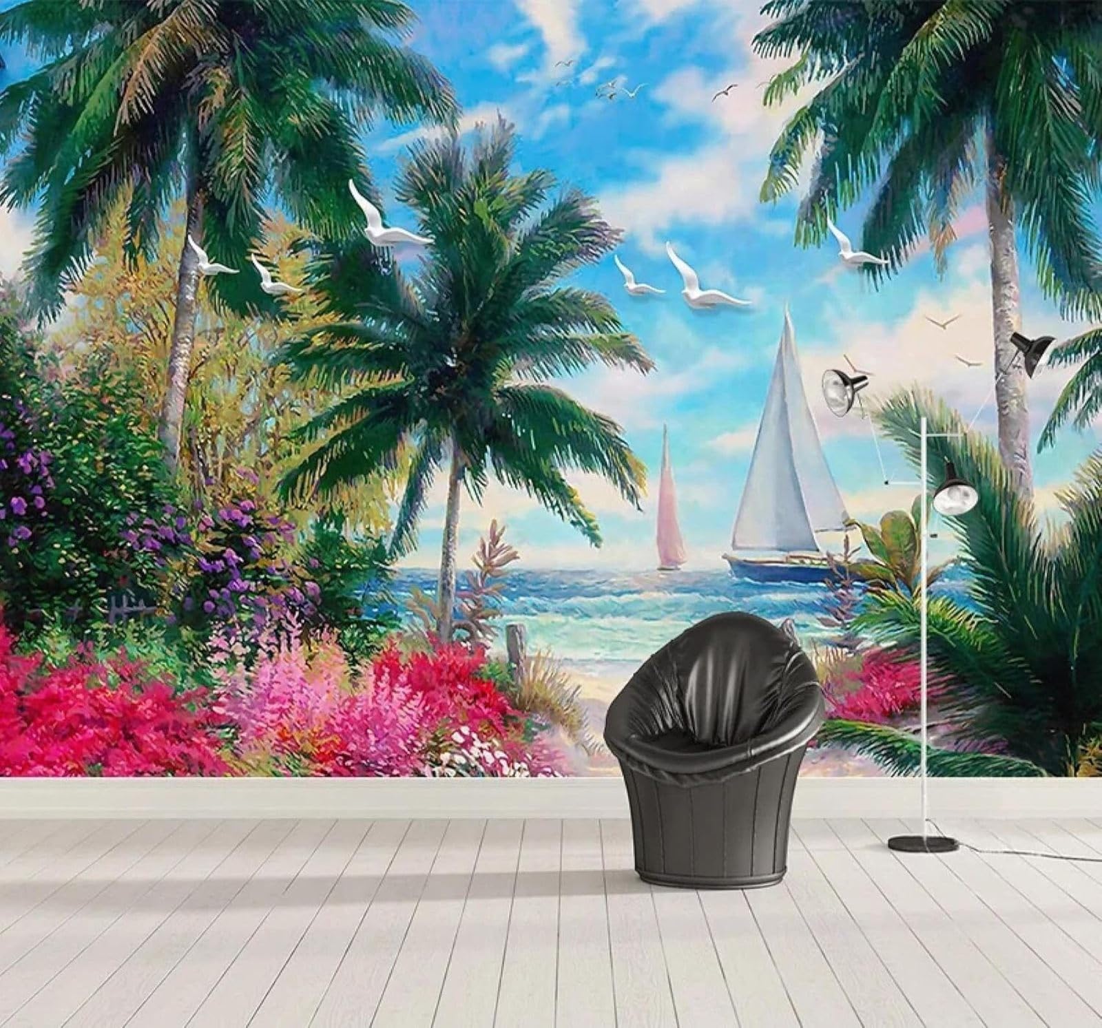 Xlming 430Cm×300Cm(B×H) Exquisite Coconut Trees Seagulls Sailing Boats Scenery 3D Wallpaper Silky Texture Home Study Office Grey Dining Room Sofa Bedroom Living Room Tv Backdrop-430Cm×300Cm