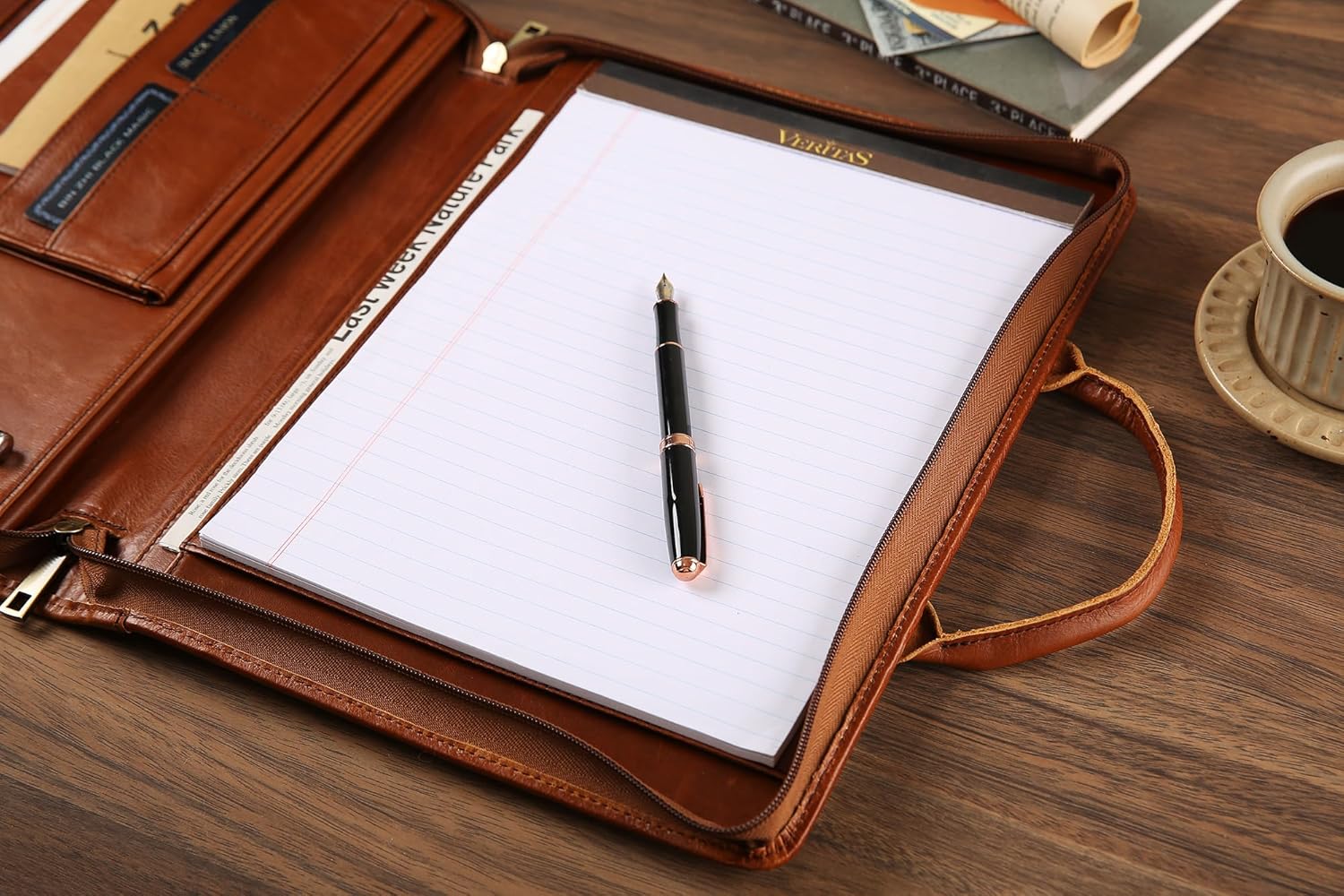 Personalized Leather Padfolio for Men, Business Portfolio with Handle Engraved Padfolio Organizer with A4/Letter Size Notepad Holder, Oil Brown - Custom