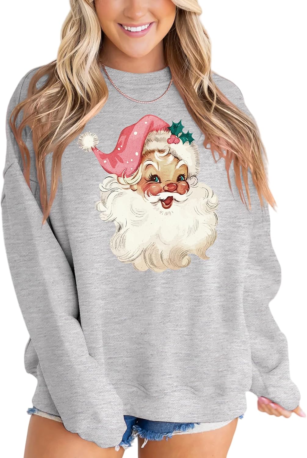 MAPICK Retro Santa Sweatshirt for Women Vintage Christmas Fleece Linend Sweaters Crewneck Oversized Long Sleeve Tops