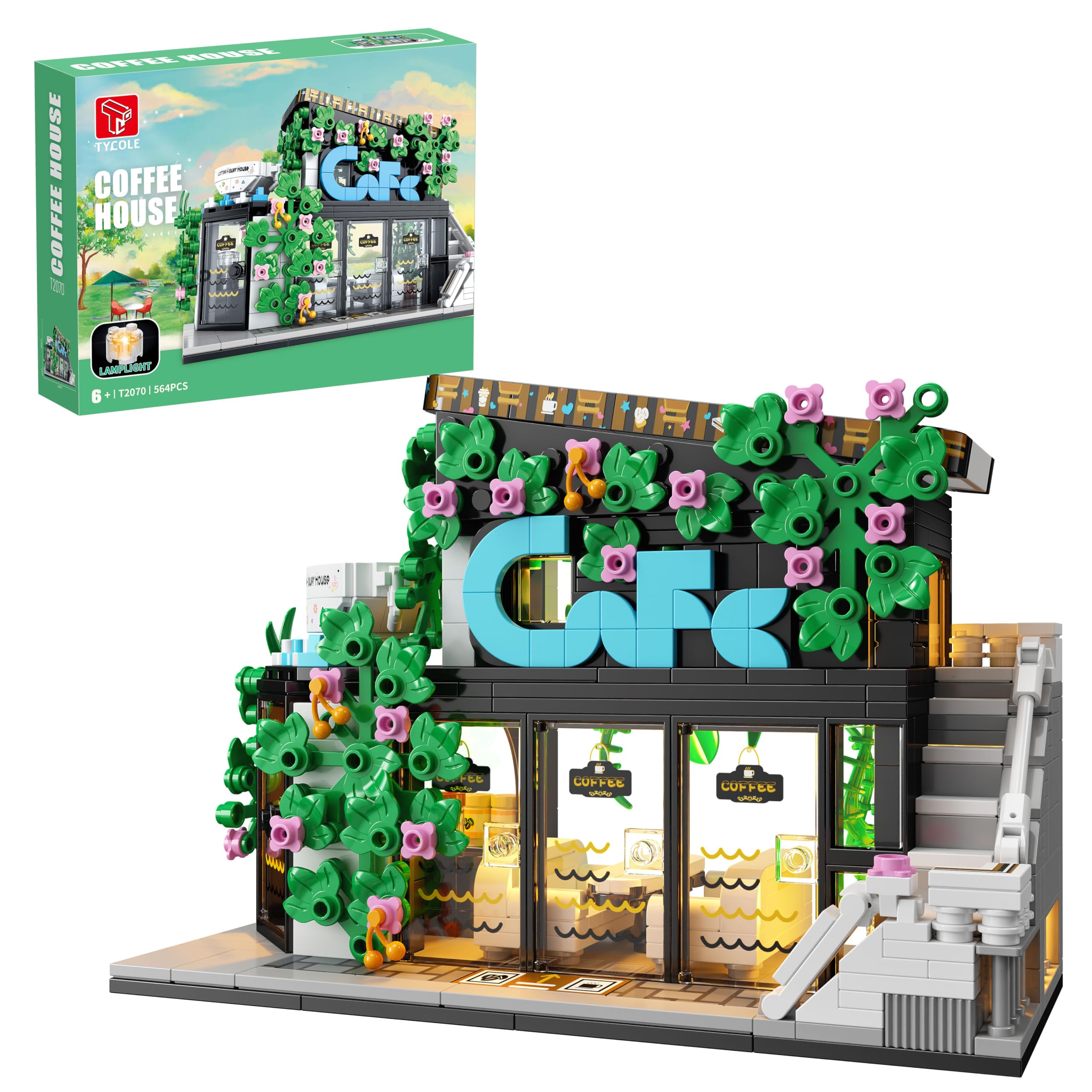 Flower Coffee Shop Building Block Set with LED Lights,STEM Cafe House Building Toys,Coffee Garden House Architecture Model,Birthday Gift for Adults Boys Age 8-12(564Pcs)