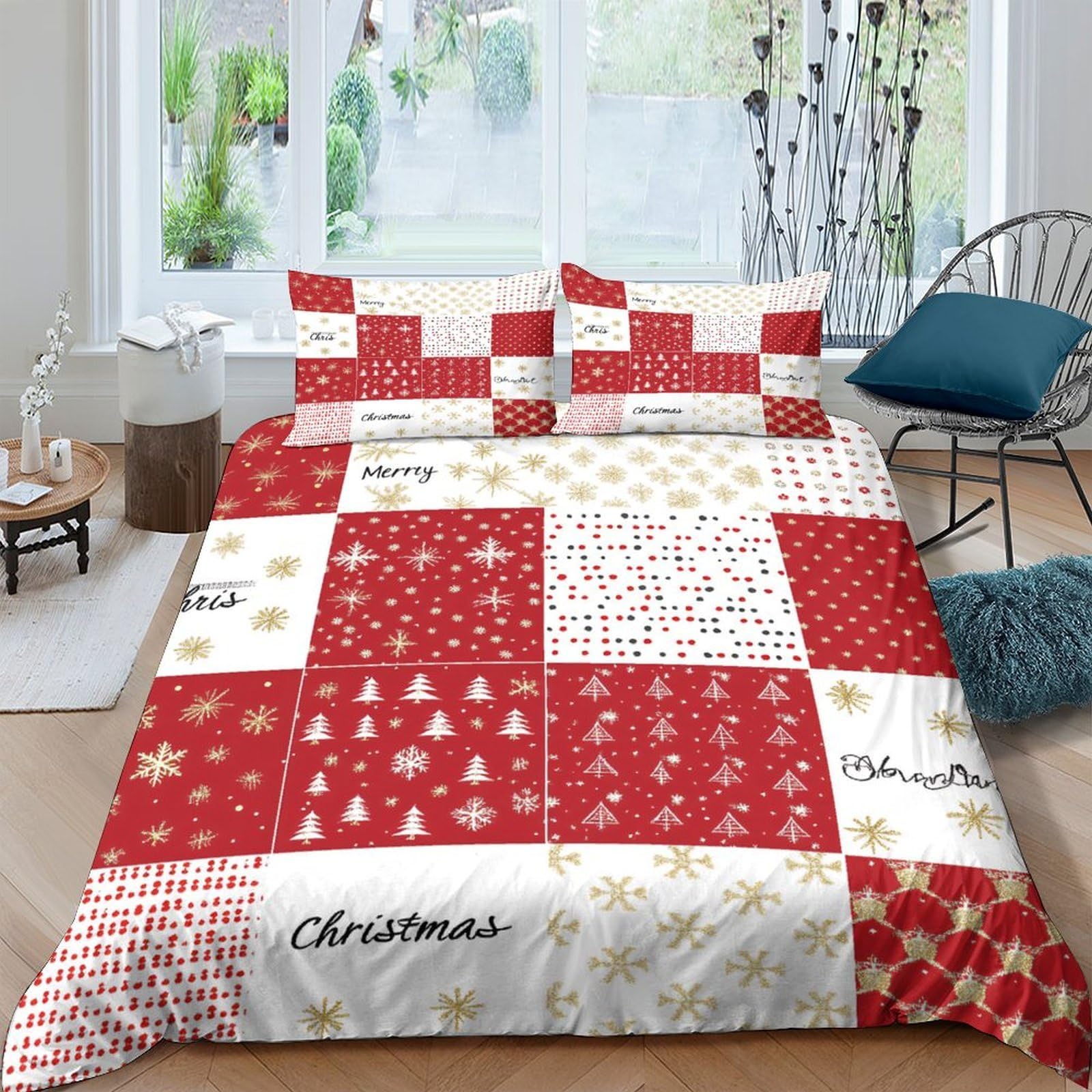 GPLZQXKJNH 3D Printed Christmas Patchwork Duvet Cover Microfiber Red White Quilt Cover Set with 2 Pillowcases for Bedroom Decor Single（135x200cm）
