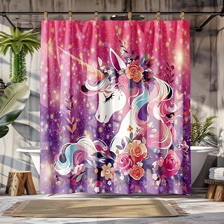 Peopleareok Unicorn Shower Curtain for Girls, Pink Fantasy Unicorn Bathroom Decor for Girls, Shower Curtain Women Waterproof Polyester Bathroom Home Decor Set with 12 Hooks, 72" W x 72" L