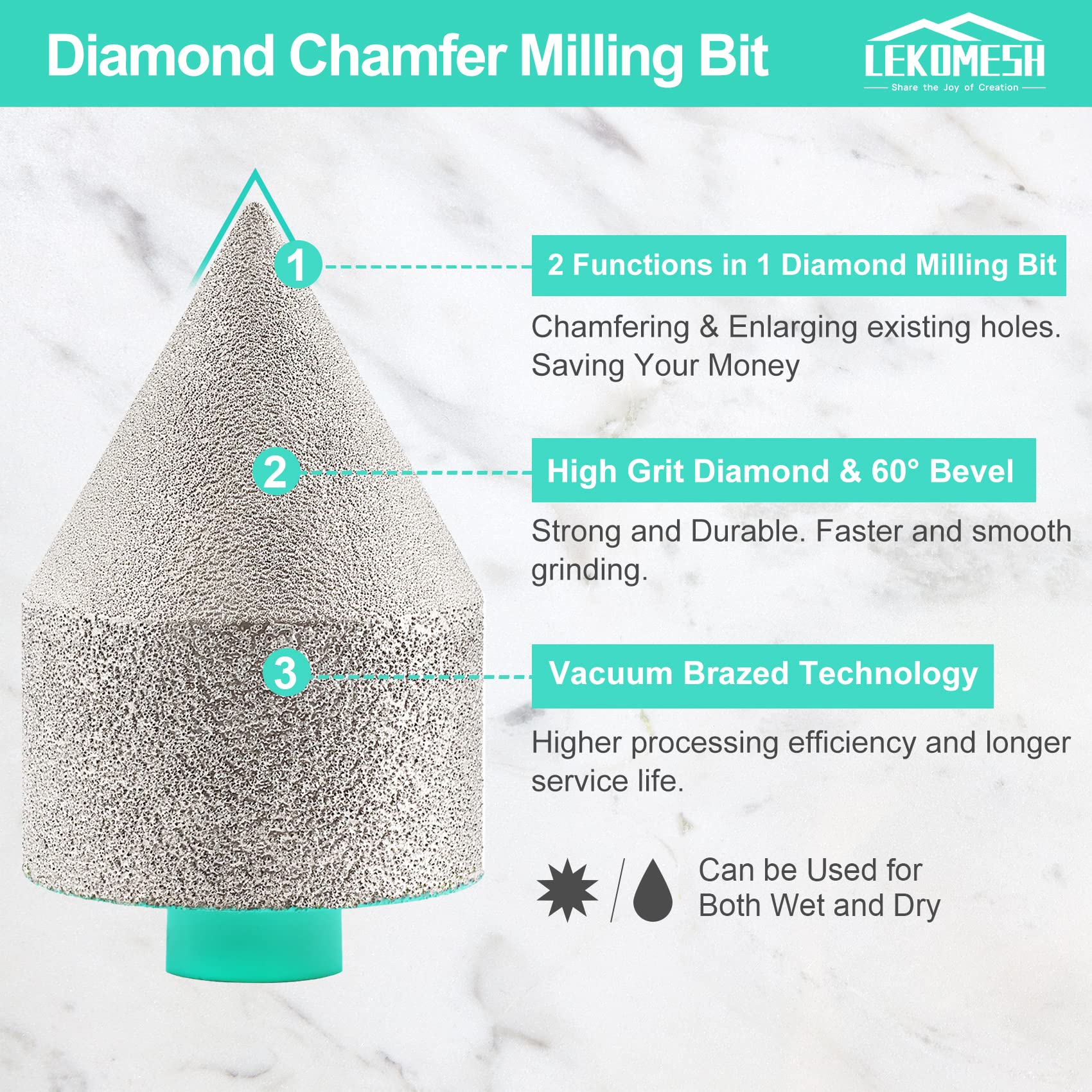 Fraises à Chanfrein Diamantées 50mm x M14 - LEKOMESH Fraise Diamantée Pour Chanfrein Amplification Façonner Trous Existants Pour Porcelaine,Tuiles,Céramique,Granit,Marbre
