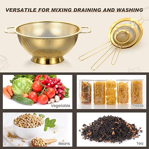 Miniatura 7 de Norme Colador dorado de acero inoxidable de 3 cuartos de galón de malla fina, colador de metal para pasta, arroz y alimentos con asas, fácil de