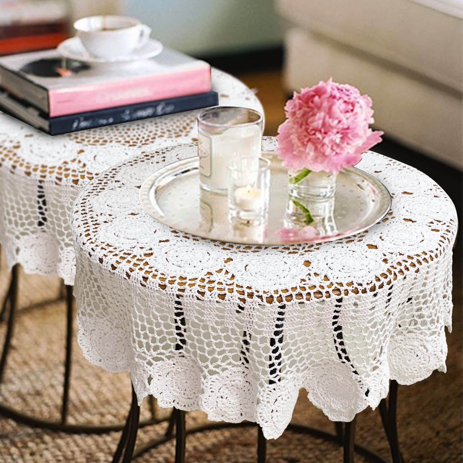 Fait à La Main Au Crochet Coton Tablelcoth, Rond, Beige, 45 Inch Square