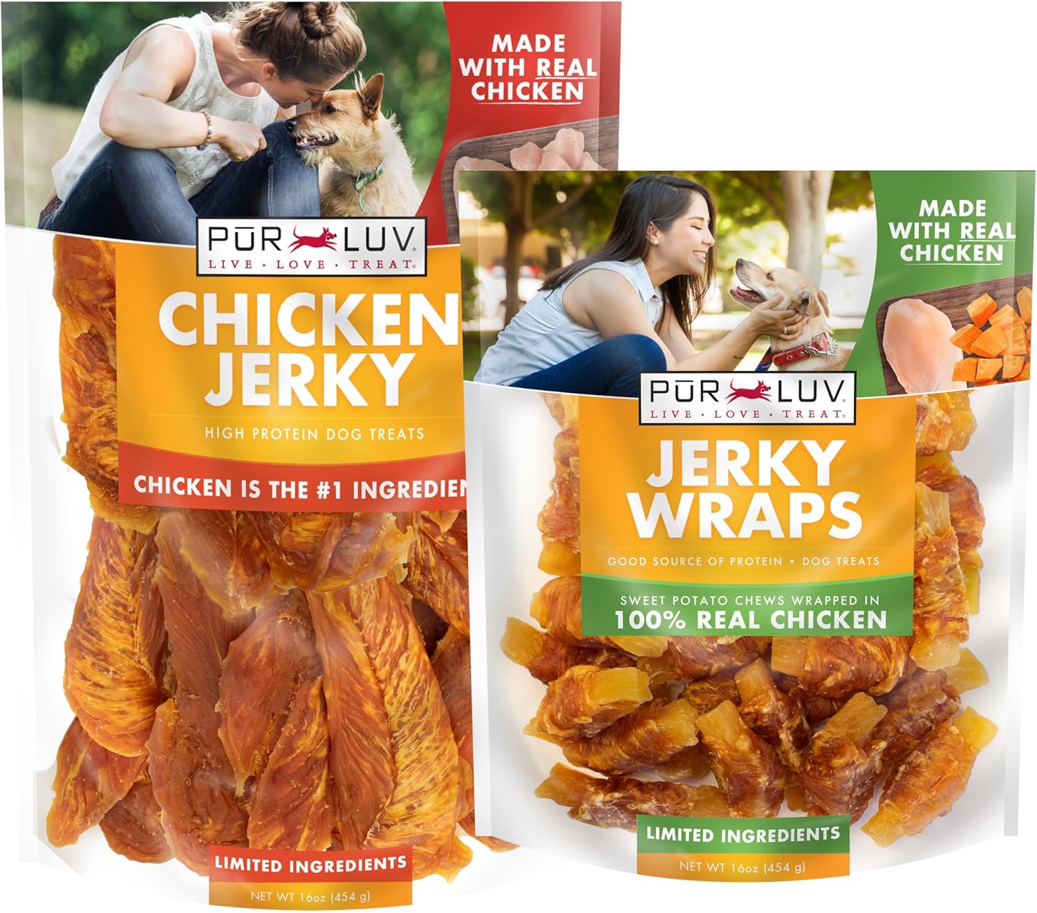 Pur Luv Dog Jerky Treat Bundle, Dog Chicken Jerky + Sweet Potato Jerky Wraps, Made with Real Chicken, 16 Ounces, Rawhide Free, Healthy, Easily Digestible, Long Lasting, High Protein Dog Treat