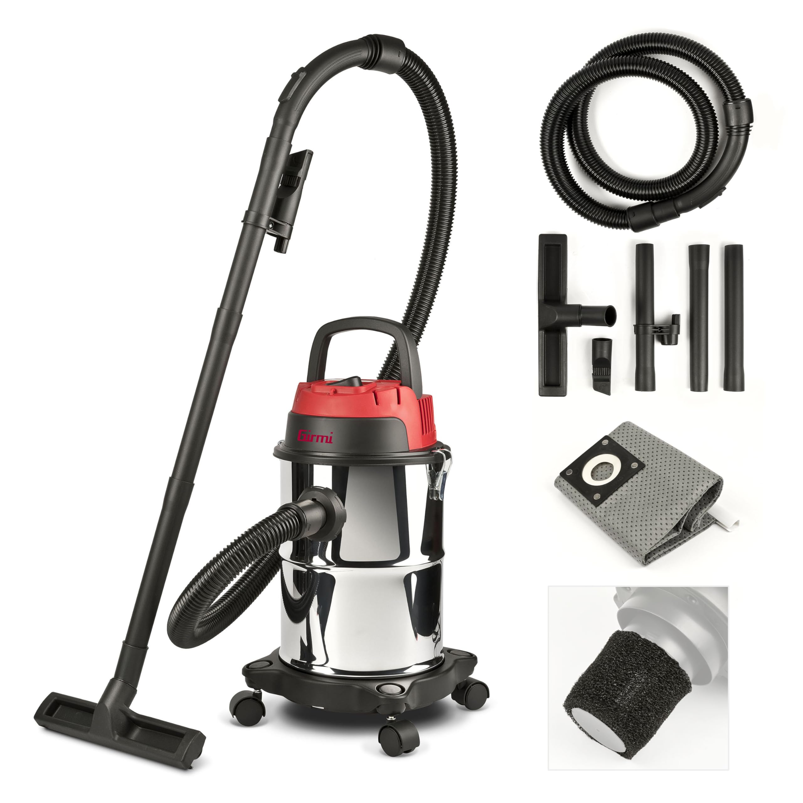Girmi AP45 Bidone Aspira Solidi e Liquidi INOX, Capacità 15 Litri, Wet&Dry, 1000 Watt, Alta Forza Aspirante 16 kPa, Filtro in tessuto, Accessori inclusi, Rosso/Nero