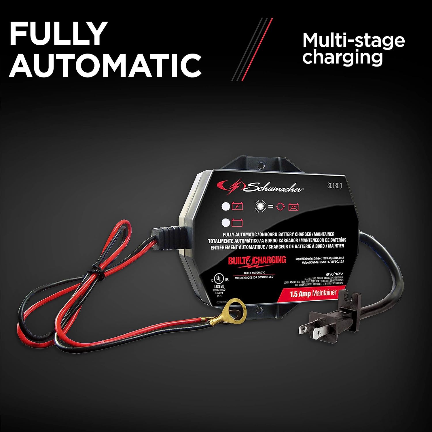 Schumacher SC1300 Fully Automatic Direct-Mount Under-the-Hood Battery Charger/Maintainer with Battery Detection - 1.5 Amp, 6V/12V - for Cars, Motorcycles, Lawn Tractors, Power Sports
