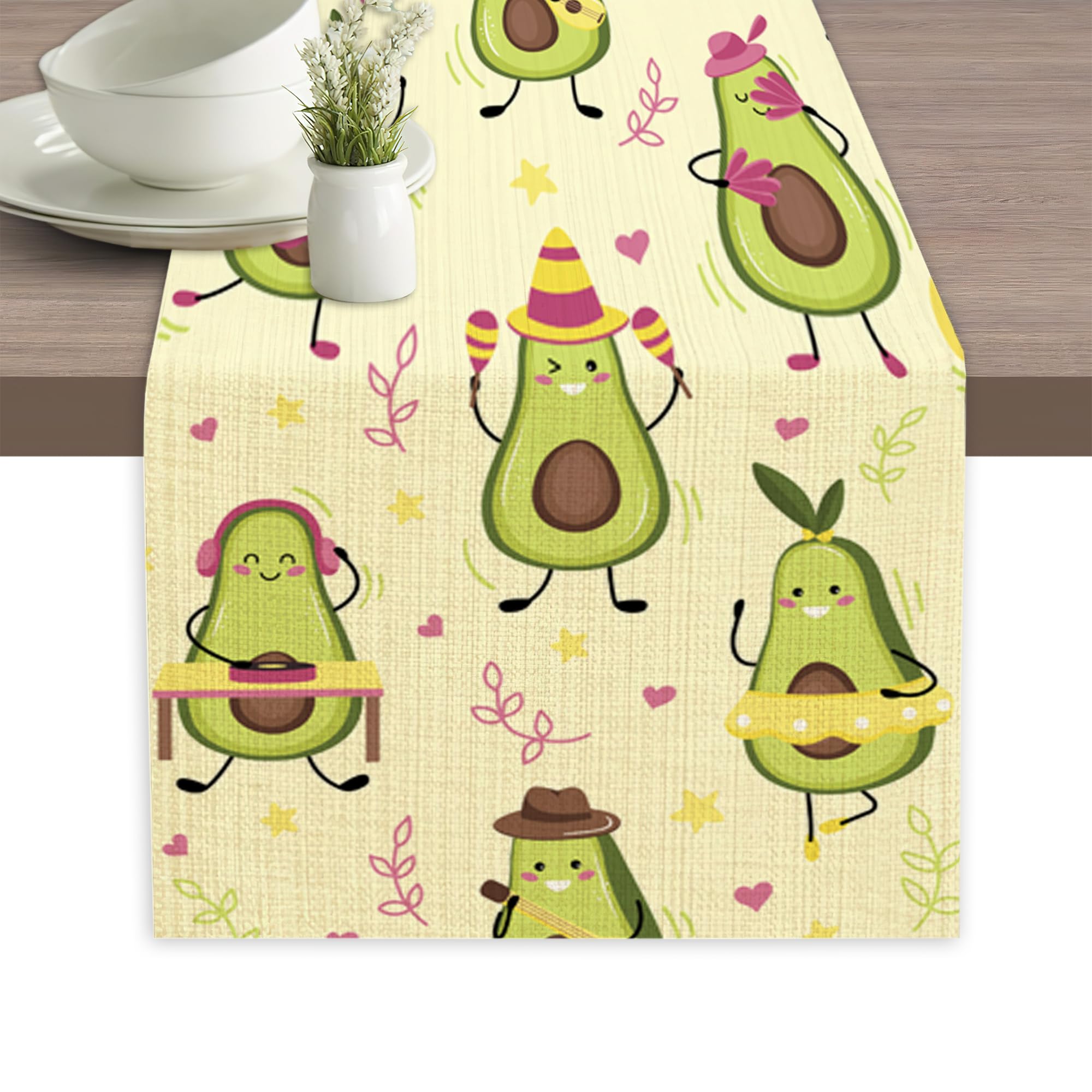 Funny Dancing Avocado Music Table Runners 70 inches Long Table Runner Elegant Linen Dresser Scarfs Farmhouse Tablerunner for Wedding/Coffee/Dining Table/Party Home Decor