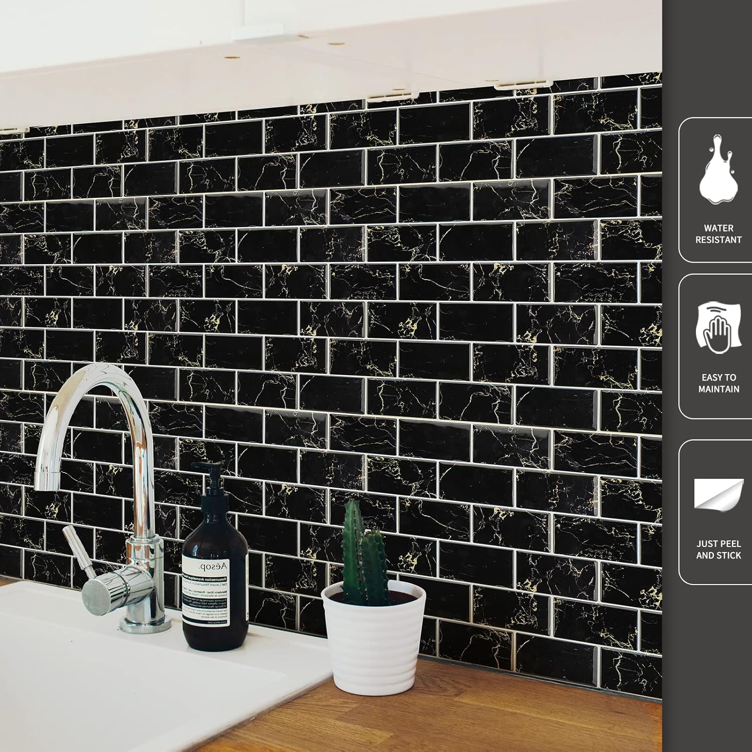 Black Marble Peel and Stick Rectangular Backsplash Tiles