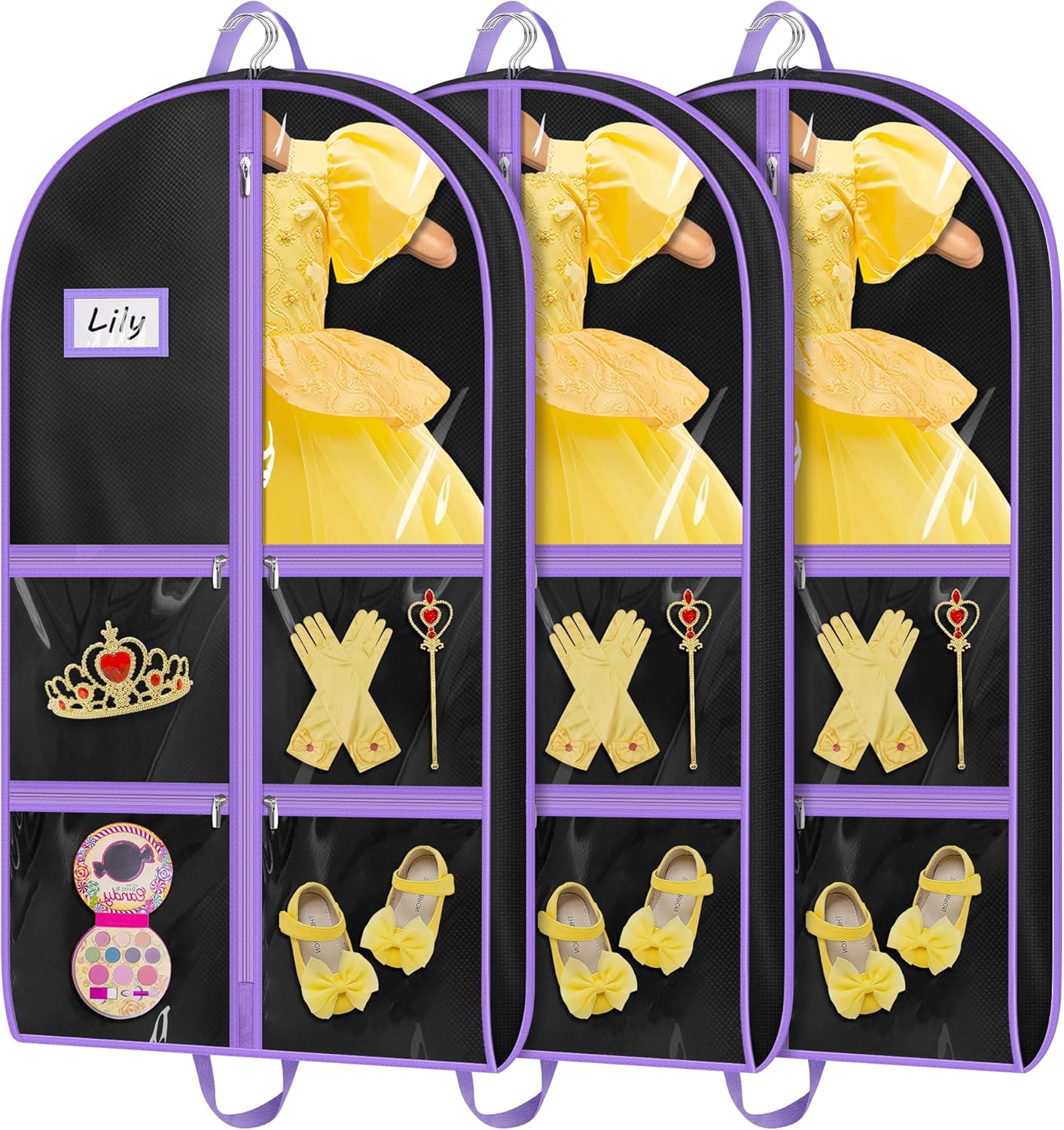 MISSLO Dance Garment Bags for Dancers with 4 Pockets Garment Bags for Dance Costumes 40″ Cheer Uniform Garment Bag Hanging Kids Garment Bag for Recital, Competition, Travel, Storage, 3 Packs