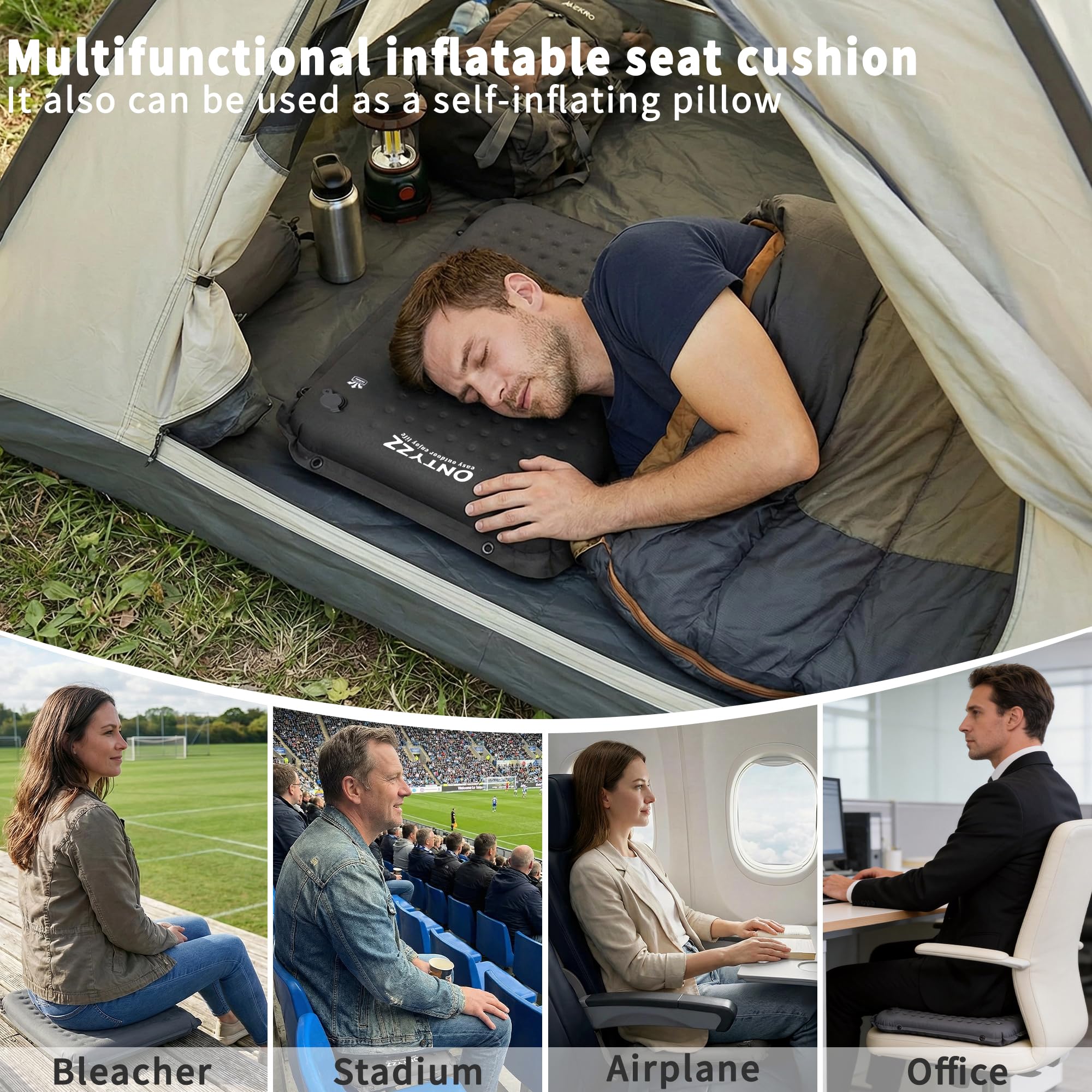 ONTYZZ Cojín de Asiento Autoinflable 41 x 33 x 4 cm Cojín Asiento para Acampada Actividades Aire Libre Cojín Inflable Plegable para Senderismo Picnics.