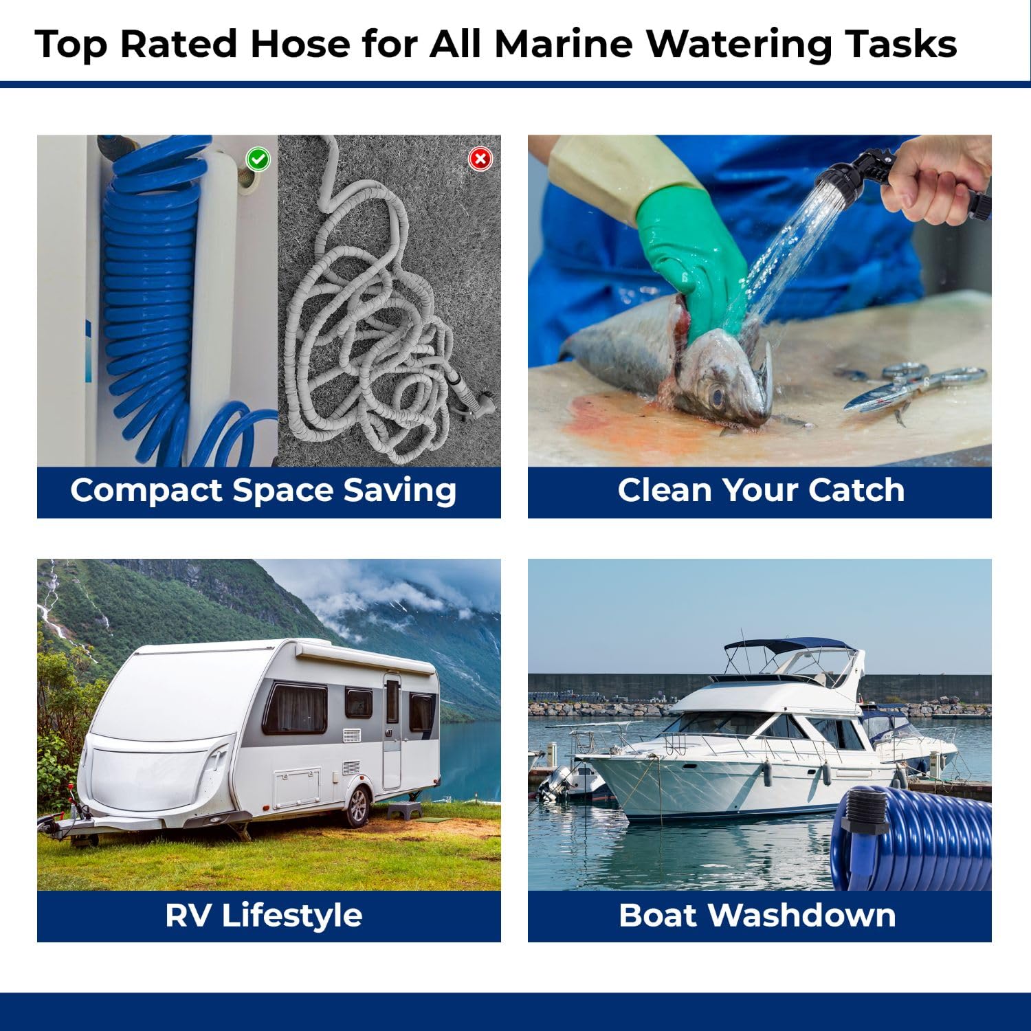 PLASTAIR Marine Salt Water Resistant Premium Polyurethane SpringHose | Coiled Drinking Water Safe Hose With 7-Pattern Spray Nozzle | 25-Foot, Blue, 3/8-Inch I.D