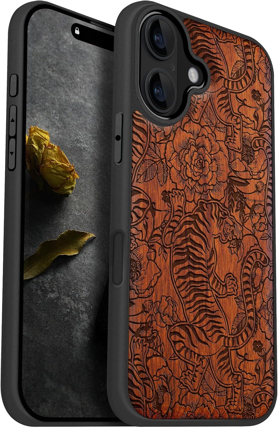 Carveit Magnetic Wooden Case for iPhone 16 Case, Wood Artisan Engraved & Black Soft TPU Shockproof Cover, Compatible with MagSafe Wireless Chargers (Tiger Amidst Flowers) Rosy