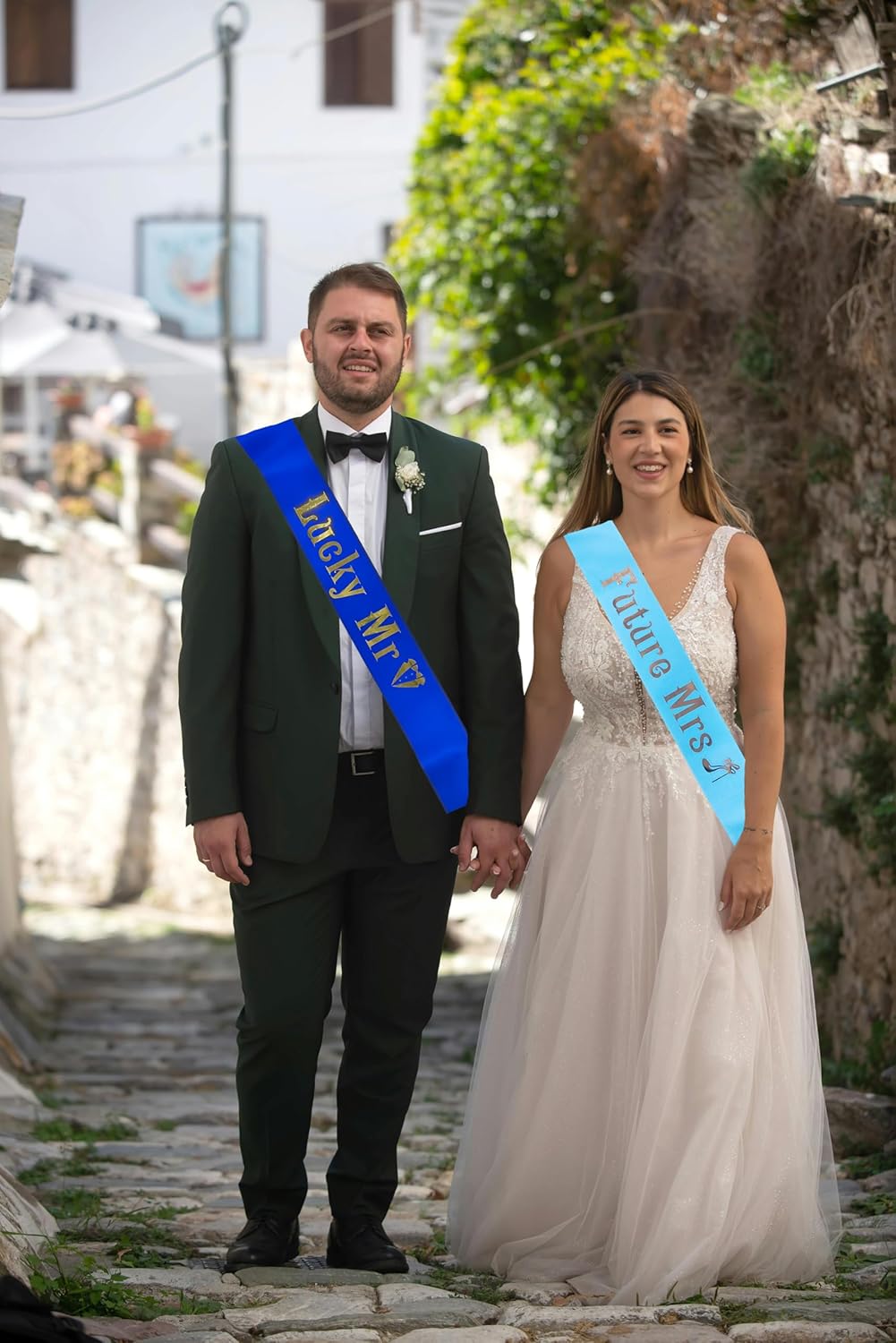 2Pcs Future Mrs & Lucky Mr - Bride to Be Sash and Groom to Be Sash Kit,Gold Glitter Bachelorette & Bachelor Soft Satin Sashs for Wedding Bridal Shower Engagement Party Decorations Gifts (Blue) - Image 2