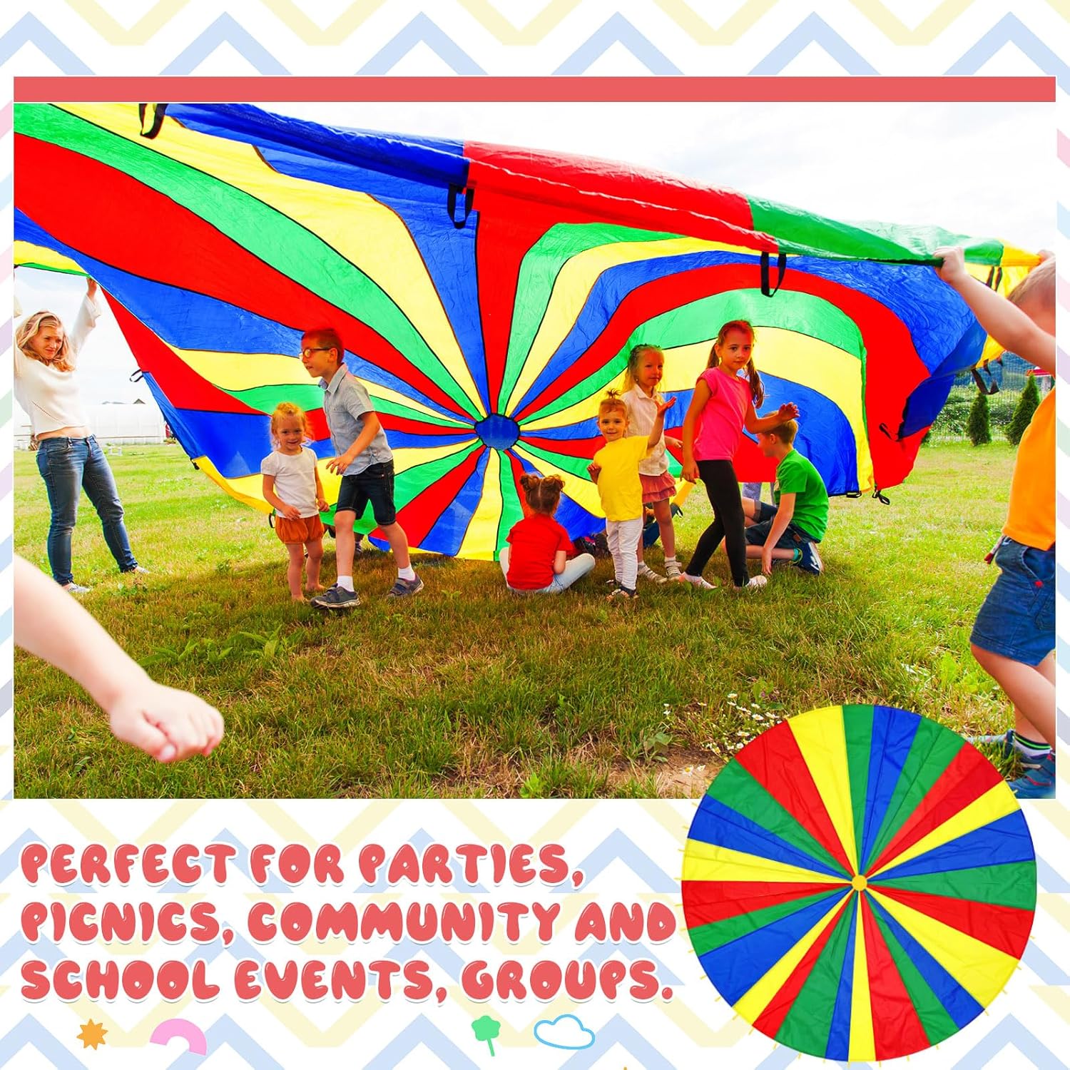 Arrowbash Play Parachute, Large Rainbow Parachute with Handles Multicolored Toy Tent Cooperative Group Play Games for Indoor Outdoor Playground Activities